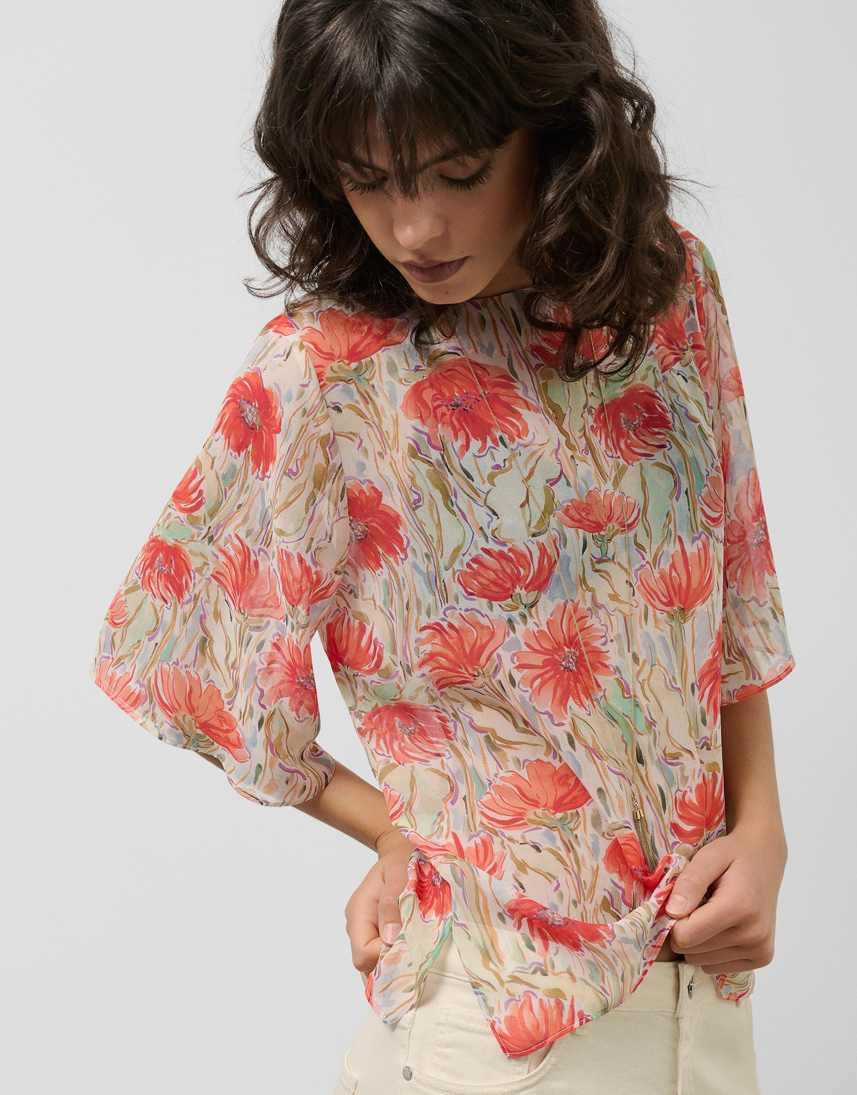 Loose coral and red chiffon blouse with ... | Roberto Verino