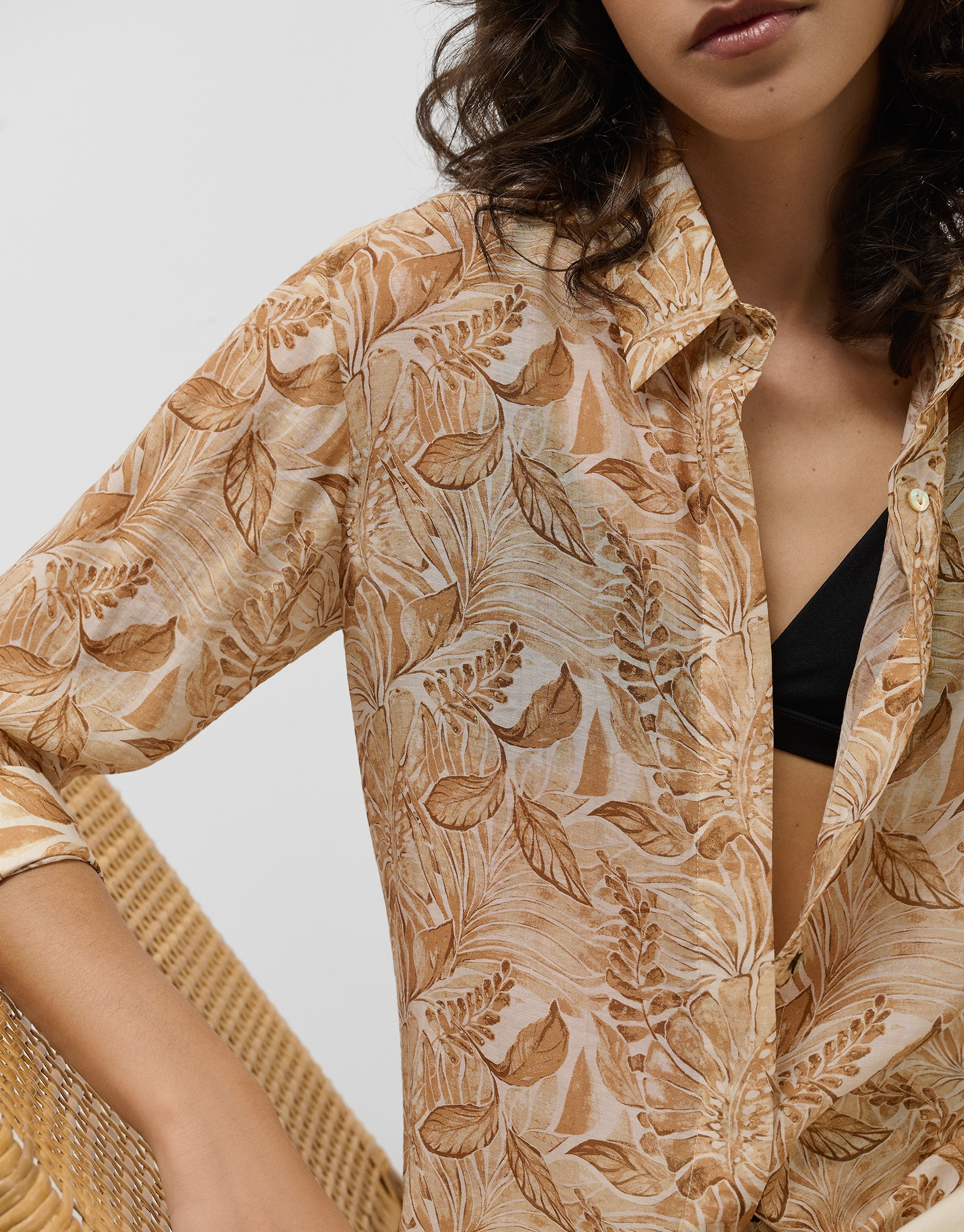 Long beige chiffon blouse with decorative ... | Roberto Verino