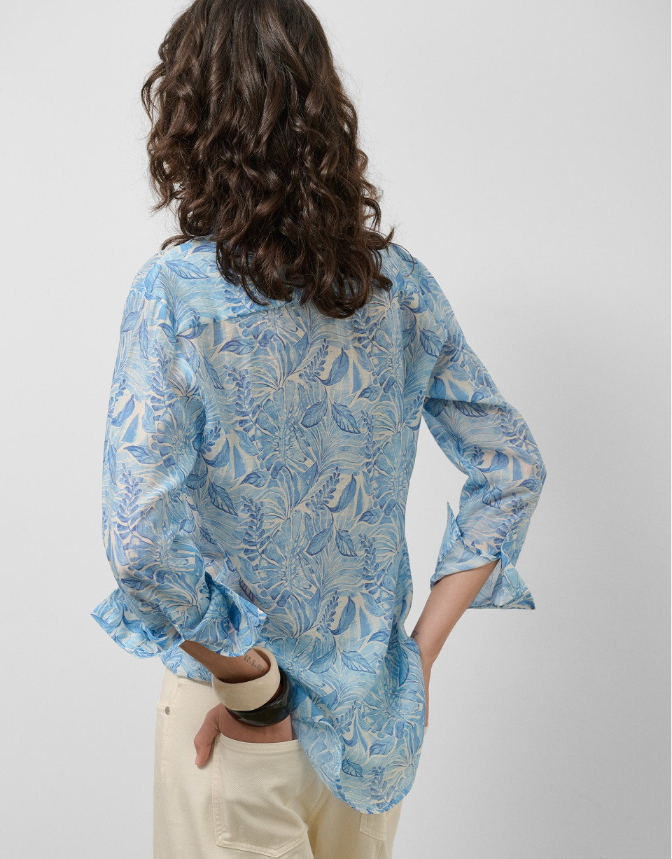 Long blouse in blue vegetable print chiffon | Roberto Verino