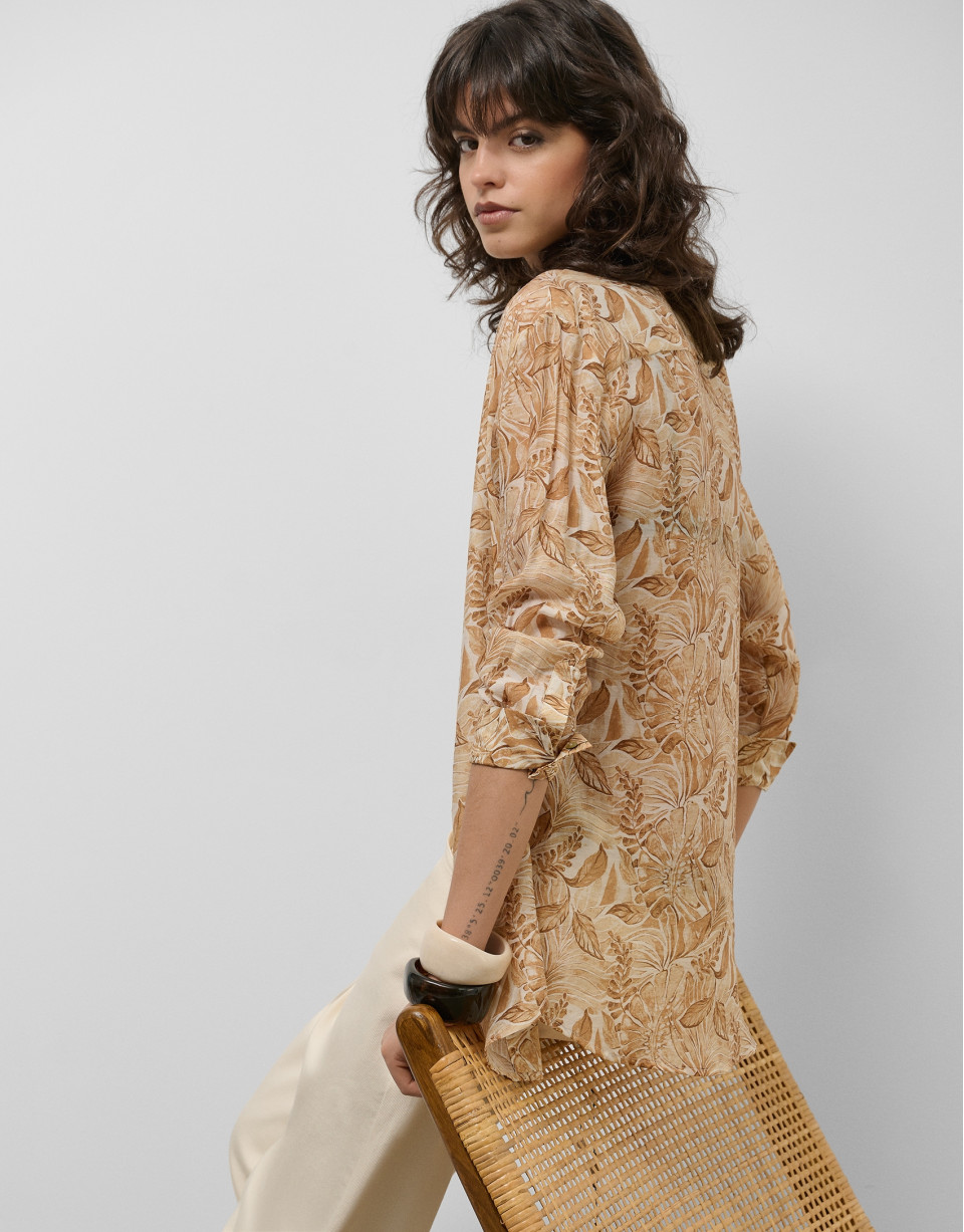 Long beige chiffon blouse with decorative ... | Roberto Verino