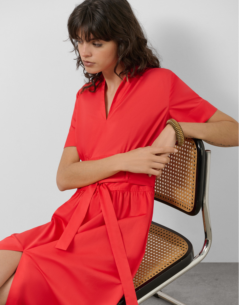 Vestido midi camisero algodón satinado rojo | Roberto Verino