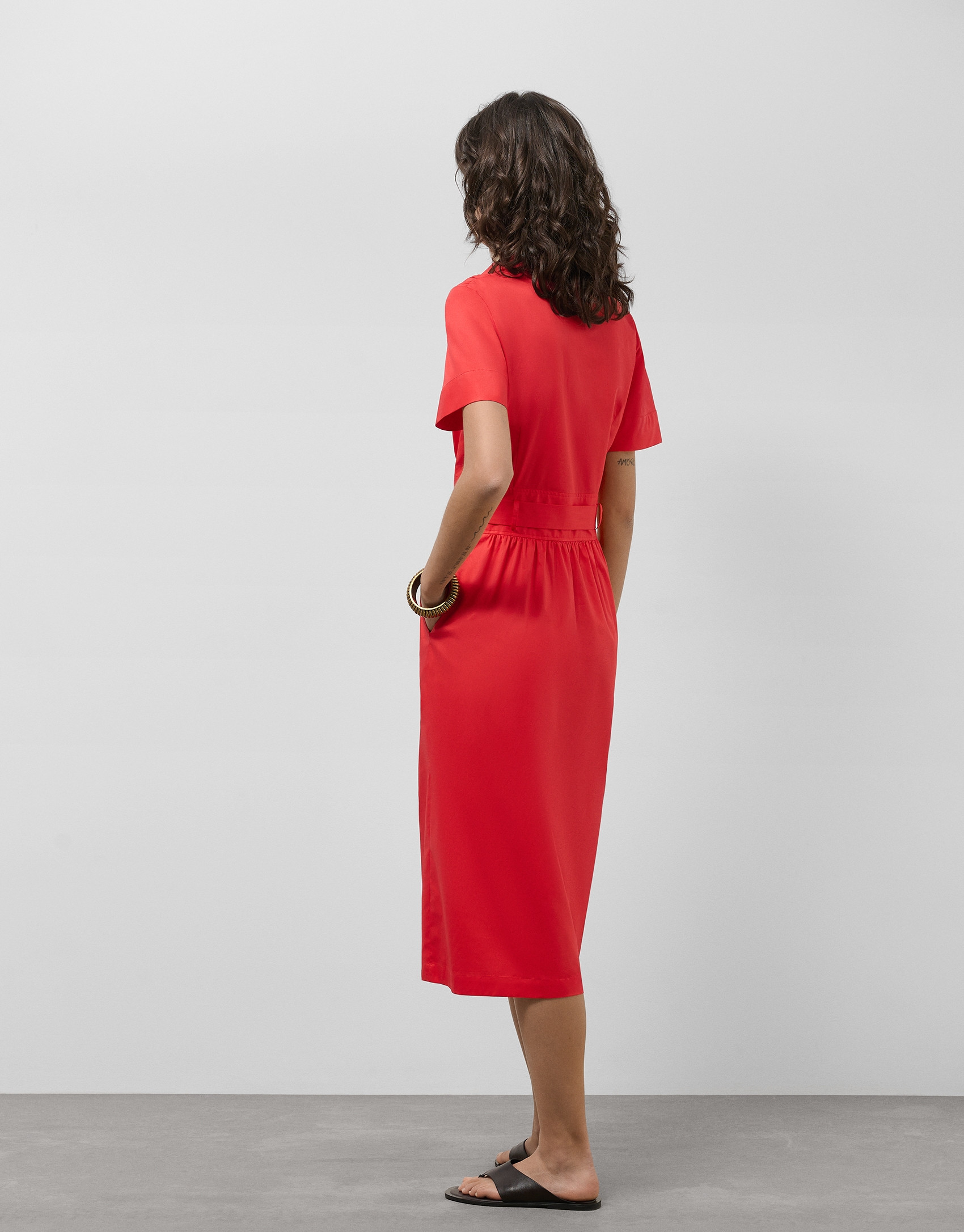 Vestido midi camisero algodón satinado rojo | Roberto Verino
