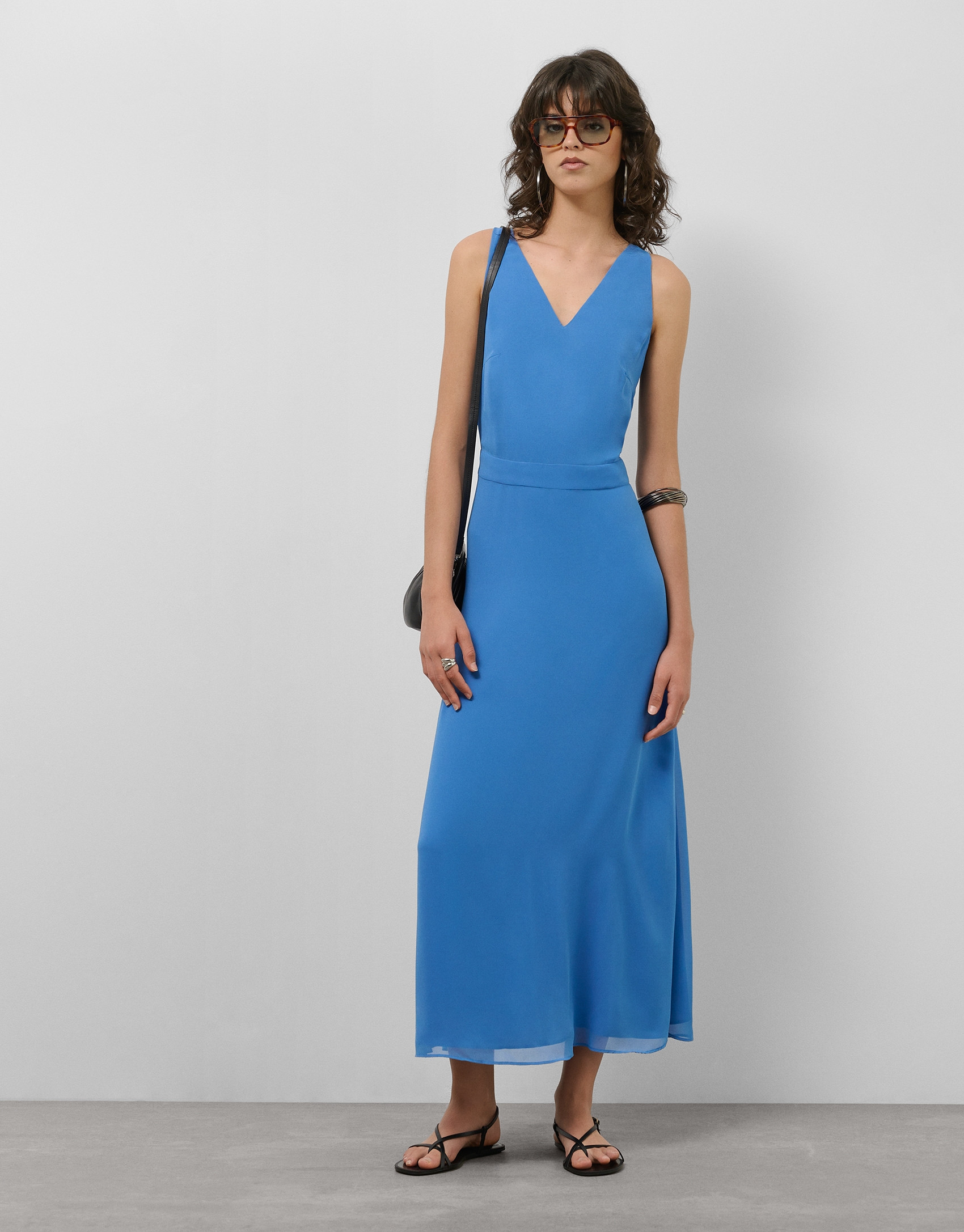 Blue georgette crepe long dress with tied ... | Roberto Verino