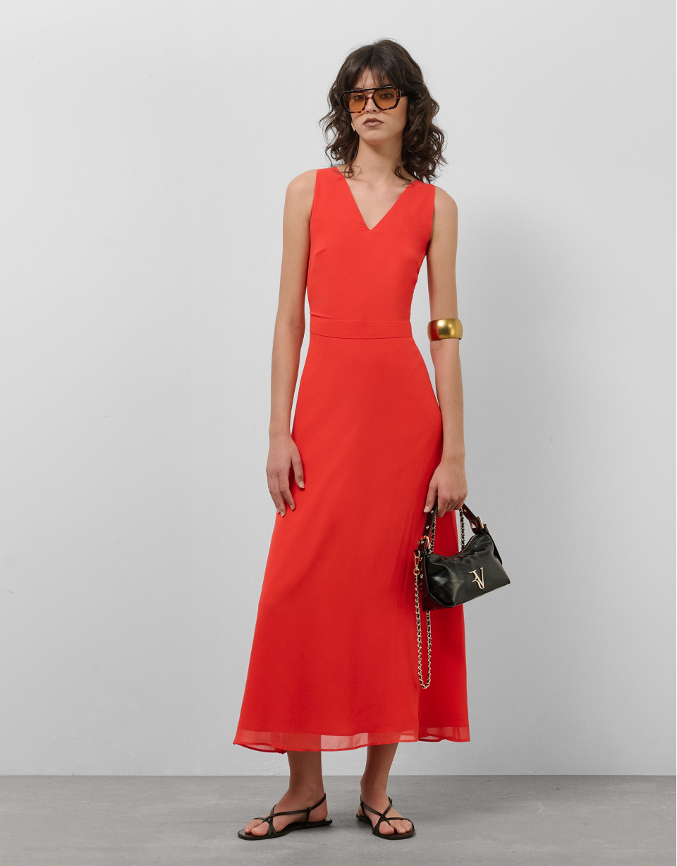 Red georgette crepe long dress with tied ... | Roberto Verino