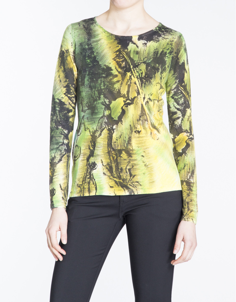 Jersey manga larga estampado a mano en verdes y amarillos.