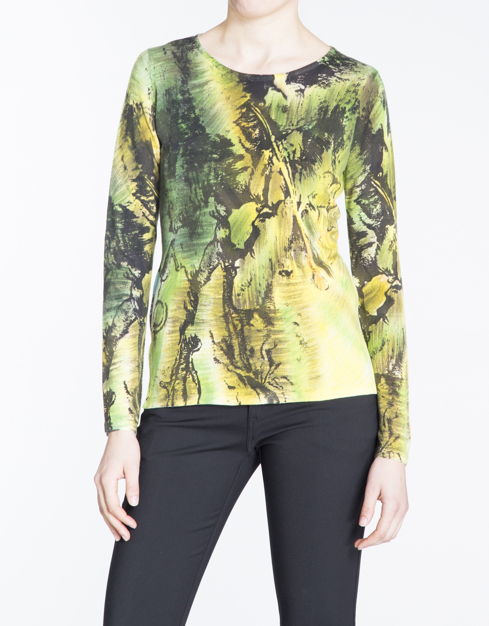 Jersey manga larga estampado a mano en verdes y amarillos.