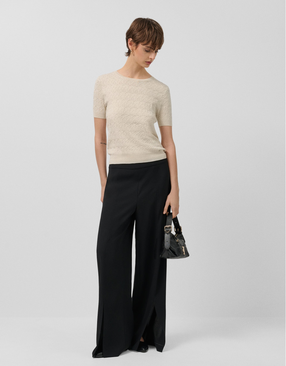 Pantalón ancho con abertura crepe negro - Mujer | Roberto Verino