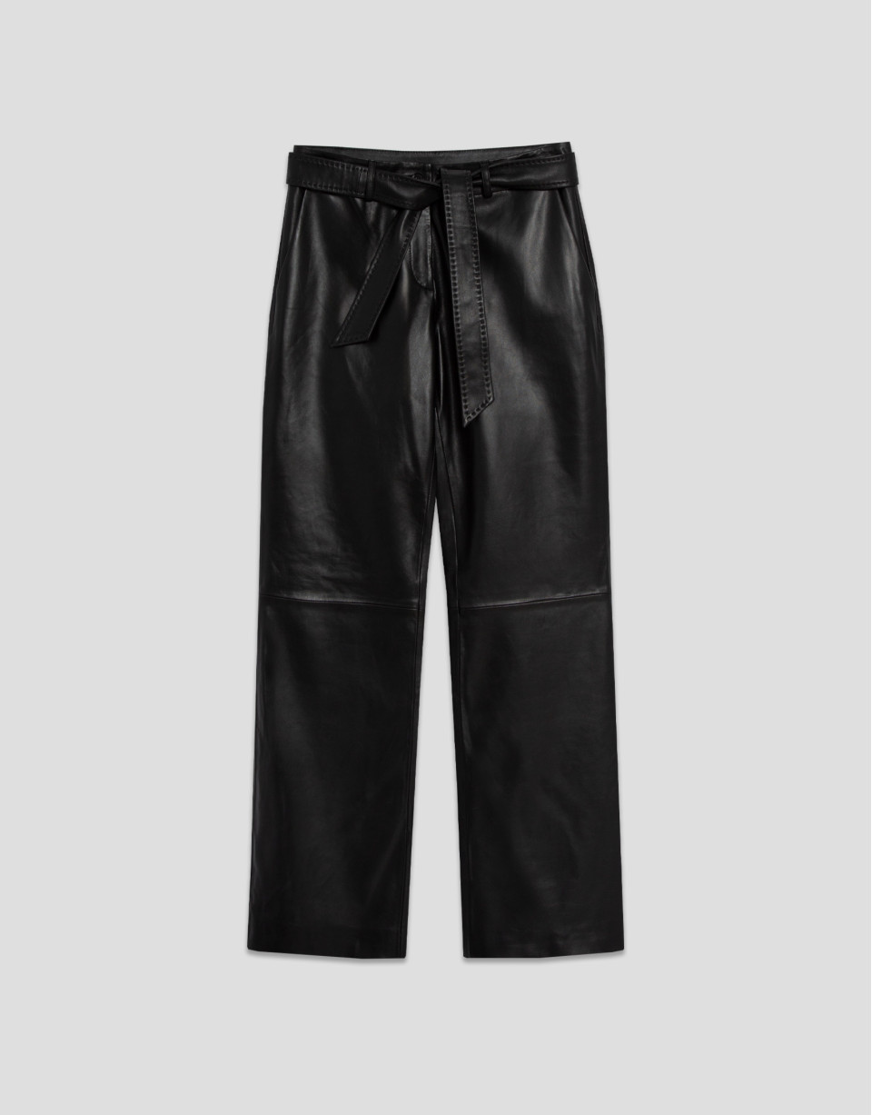 Pantalón recto napa negro con cinturón - Mujer | Roberto Verino