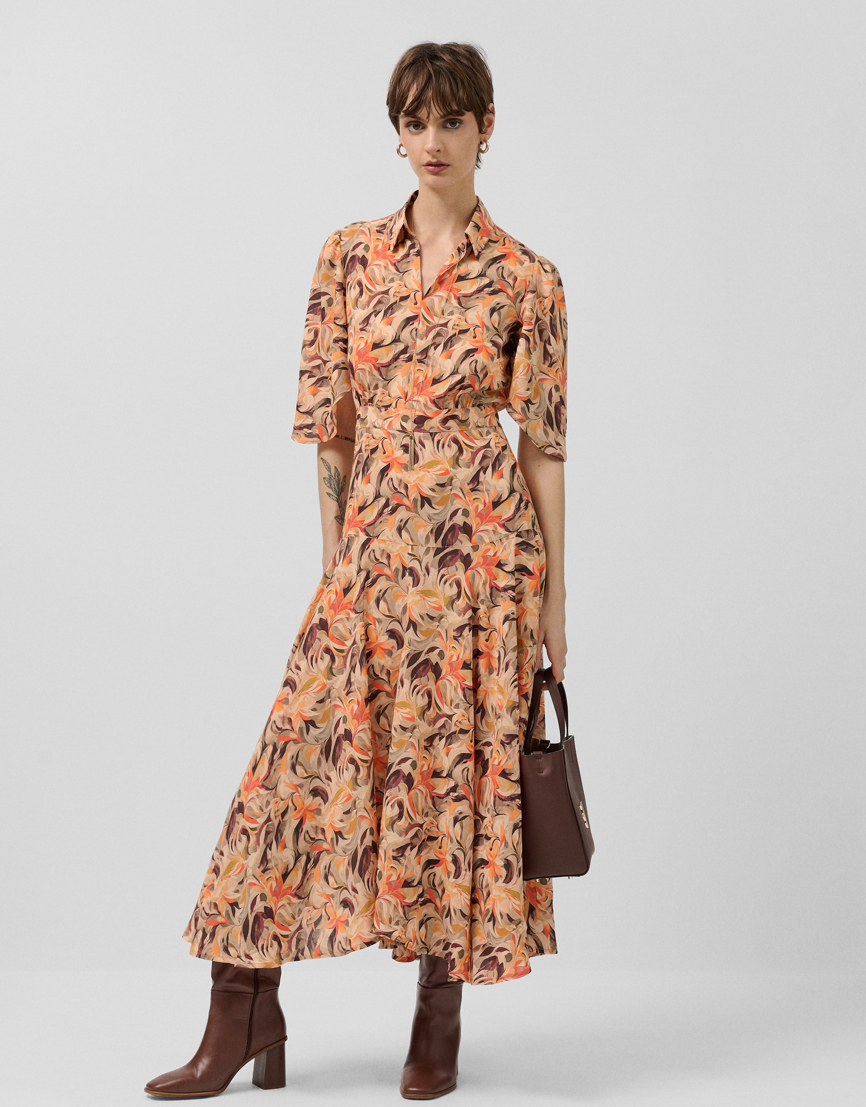 Orange floral print chiffon ruffle sleeve dress | Roberto Verino