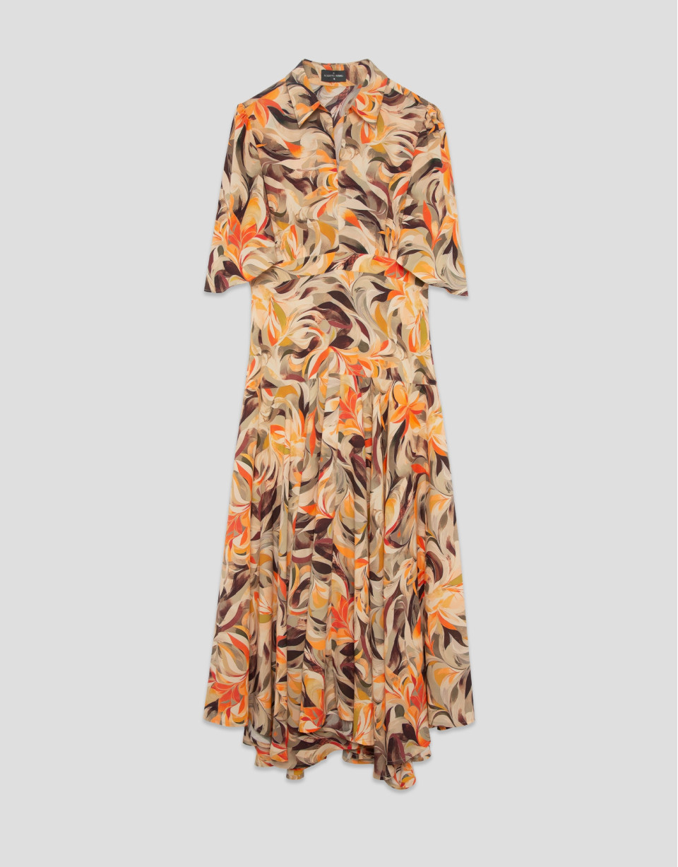 Orange floral print chiffon ruffle sleeve dress | Roberto Verino