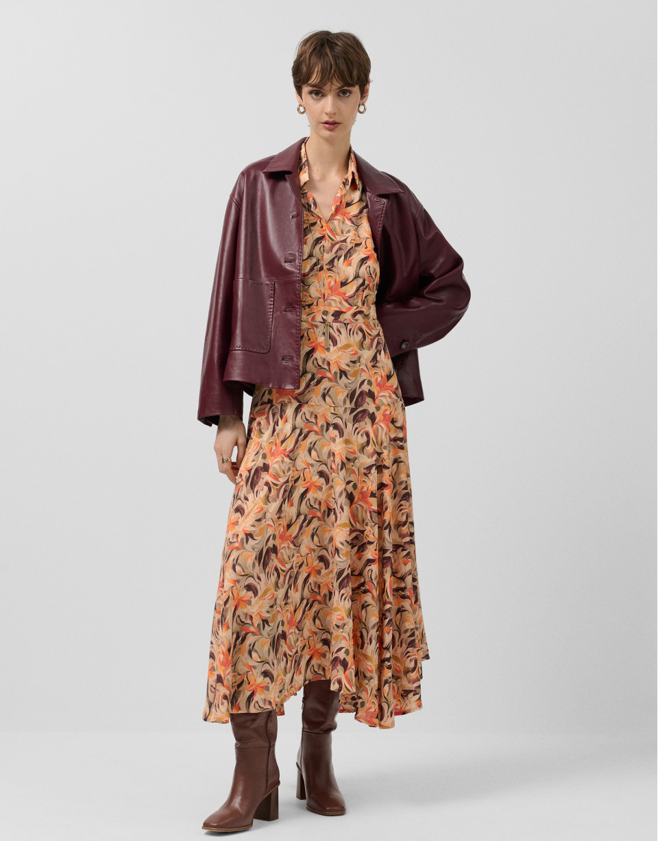 Orange floral print chiffon ruffle sleeve dress | Roberto Verino