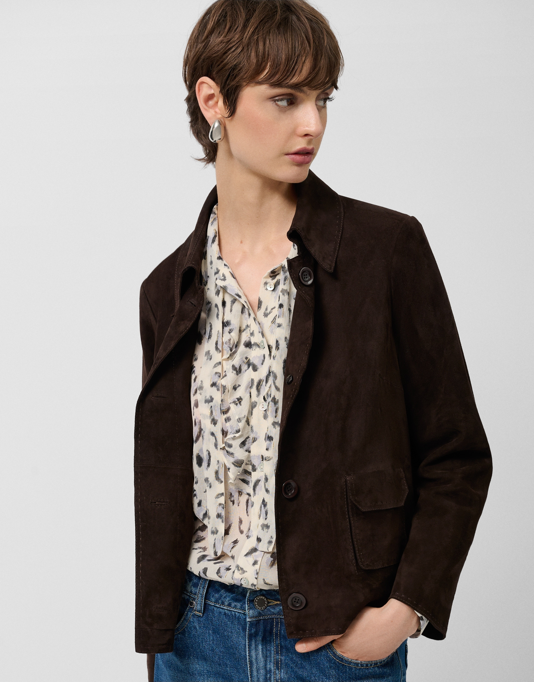 Brown suede jacket with stitching - Woman | Roberto Verino