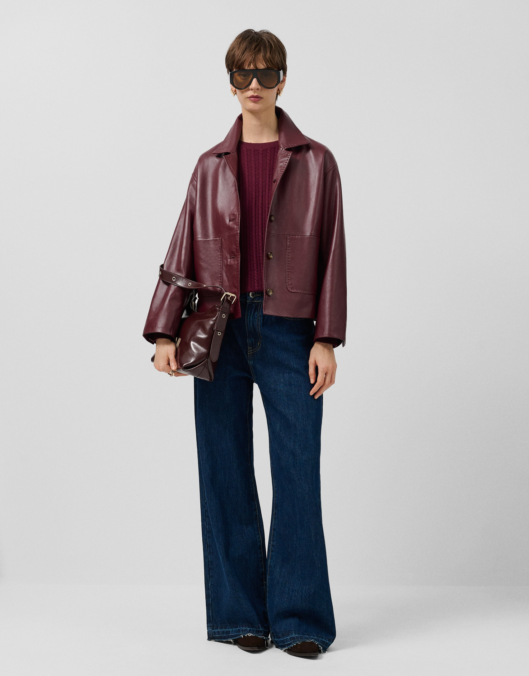 Jacket with pockets in maroon napa leather | Roberto Verino