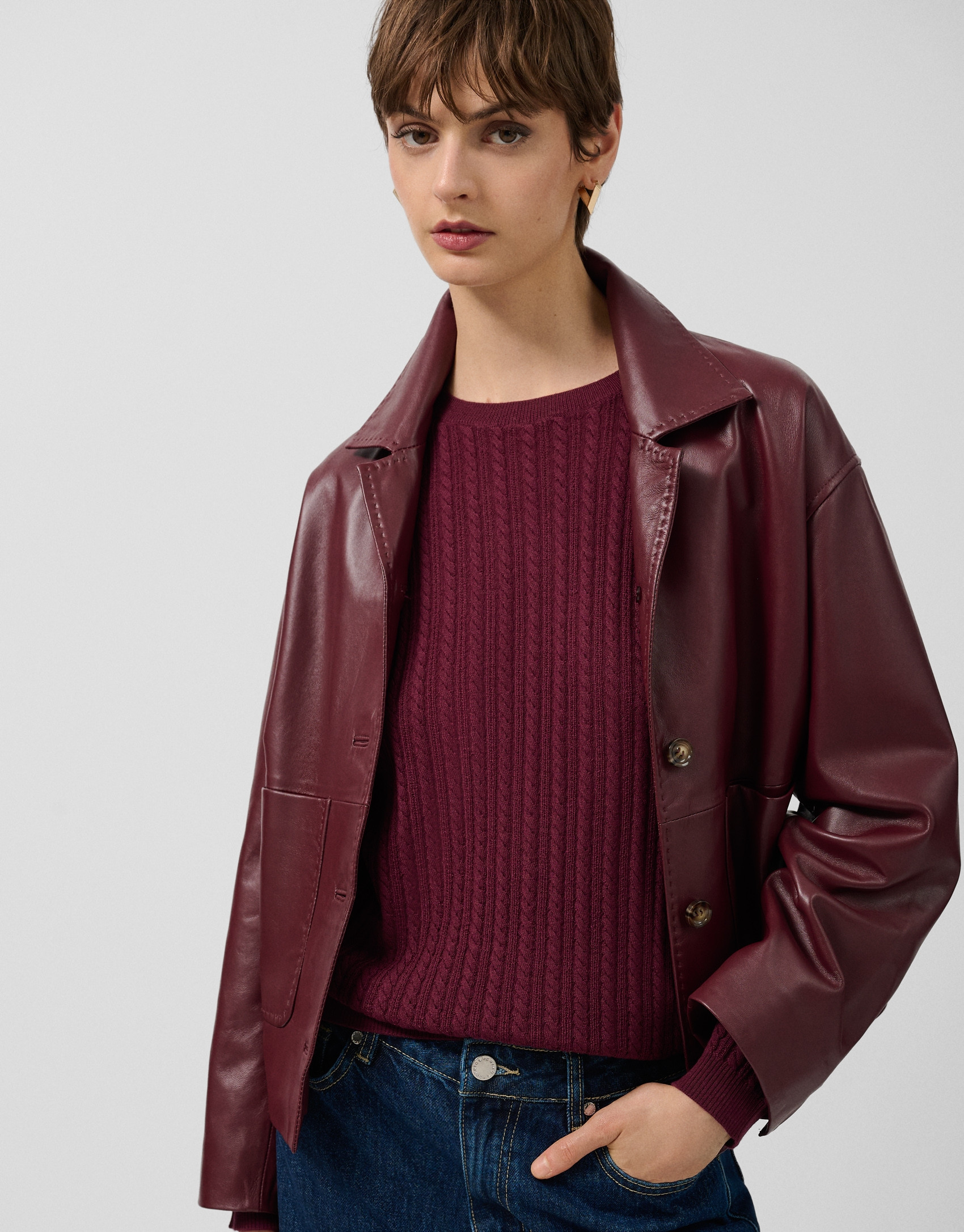 Jacket with pockets in maroon napa leather | Roberto Verino