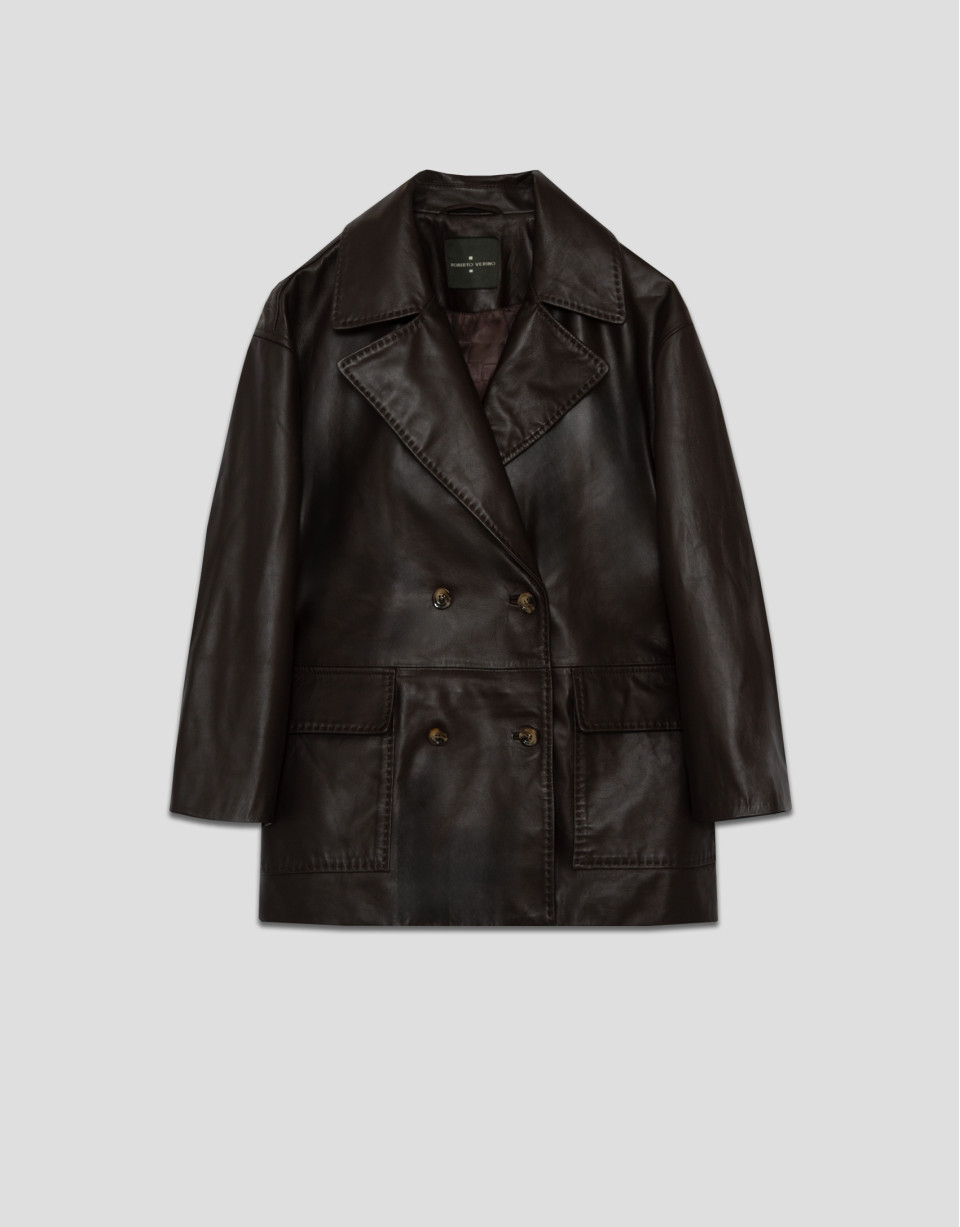 Brown napa double-breasted jacket with pockets | Roberto Verino