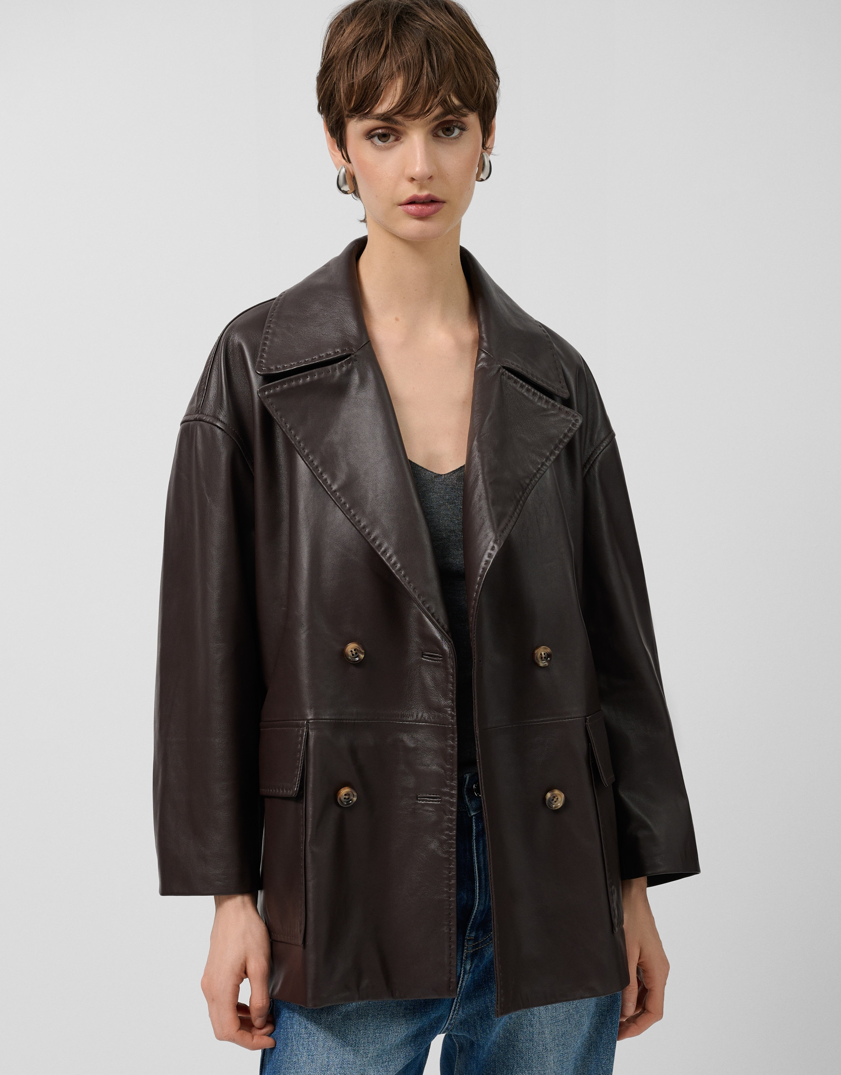 Brown napa double-breasted jacket with pockets | Roberto Verino