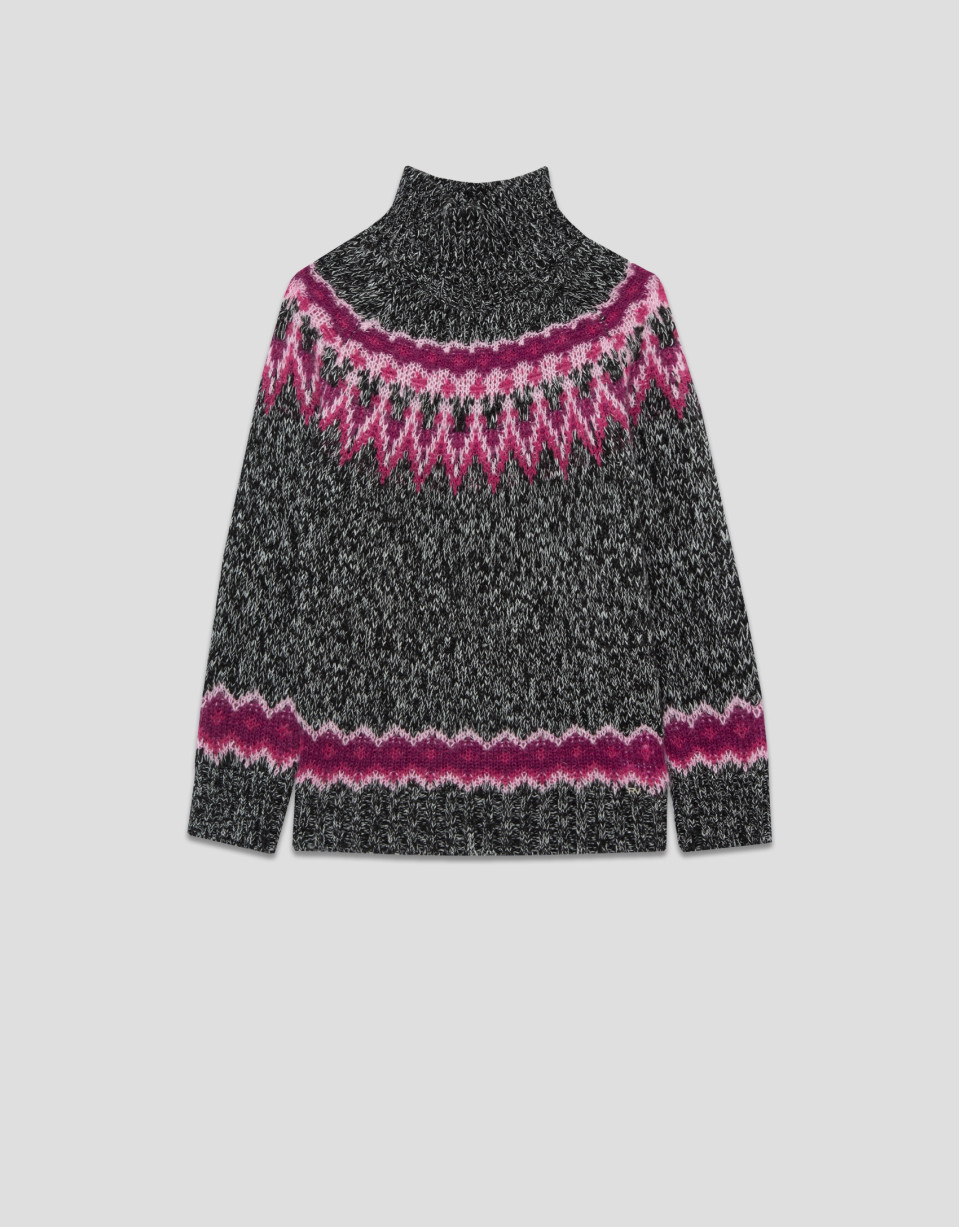 Grey high neck sweater with pink alpine design | Roberto Verino