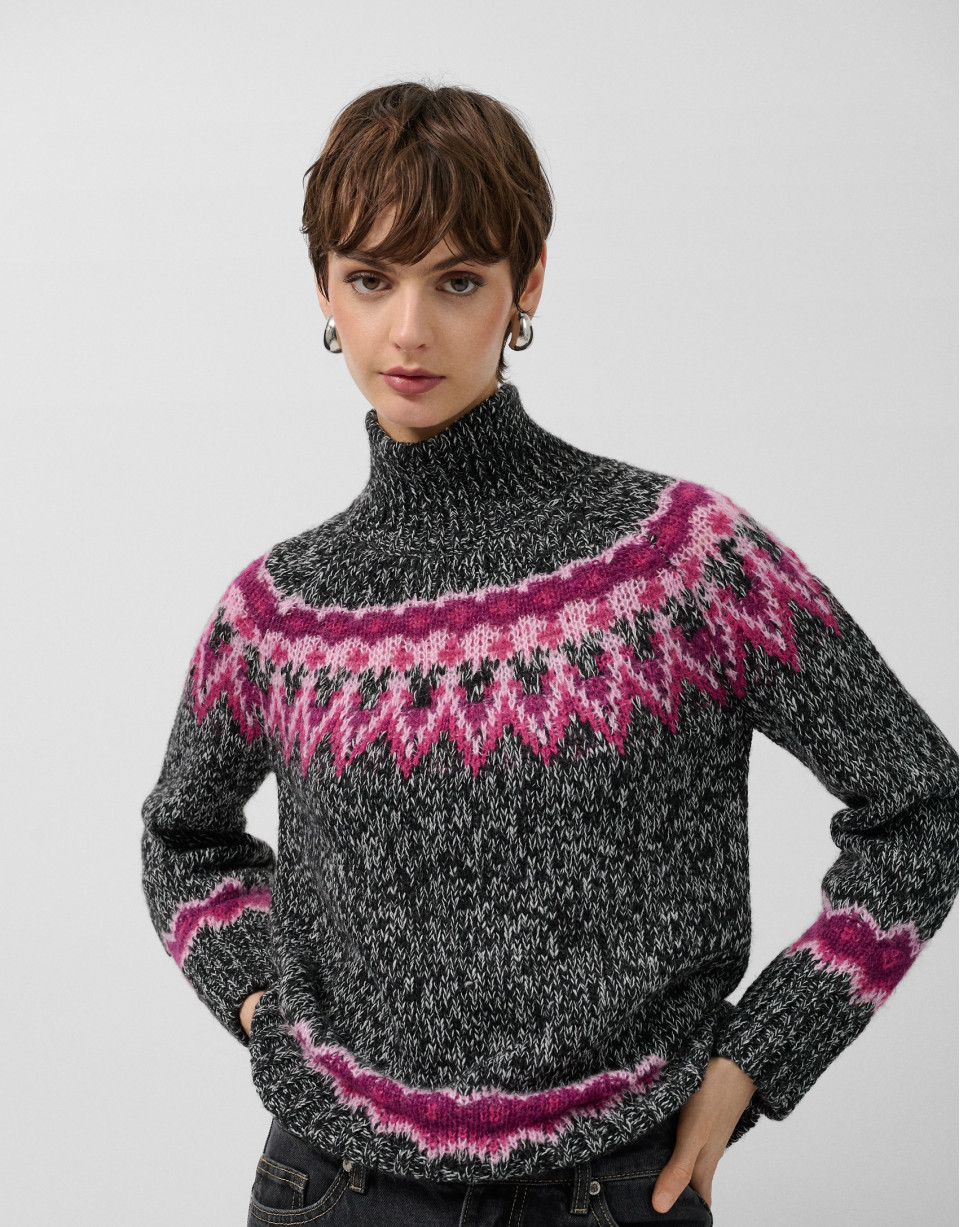Grey high neck sweater with pink alpine design | Roberto Verino