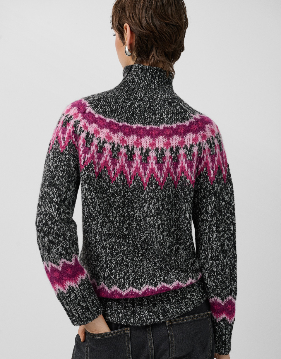 Jersey cuello subido gris con diseño alpino rosa | Roberto Verino