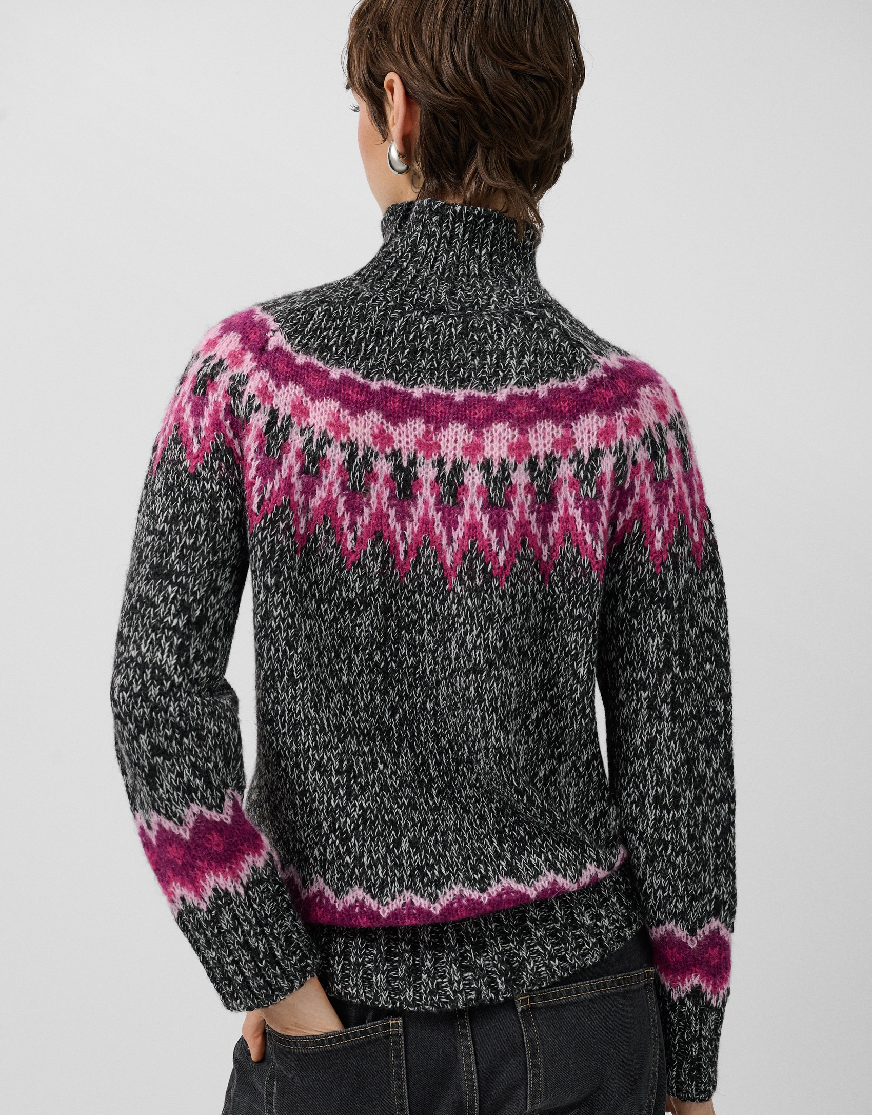 Grey high neck sweater with pink alpine design | Roberto Verino