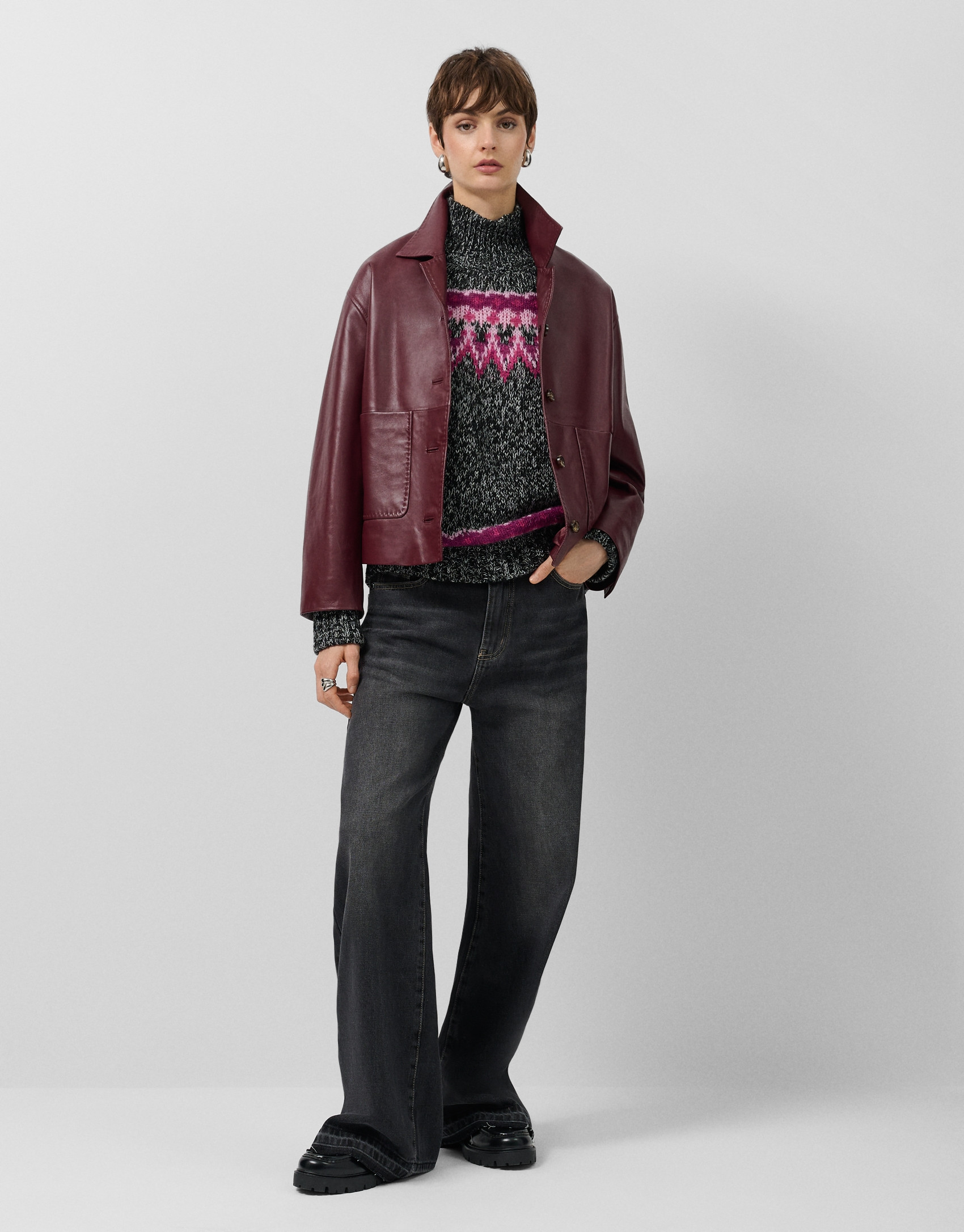 Grey high neck sweater with pink alpine design | Roberto Verino