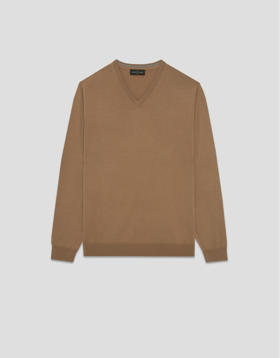 Jersey cuello pico color camel - Hombre | Roberto Verino
