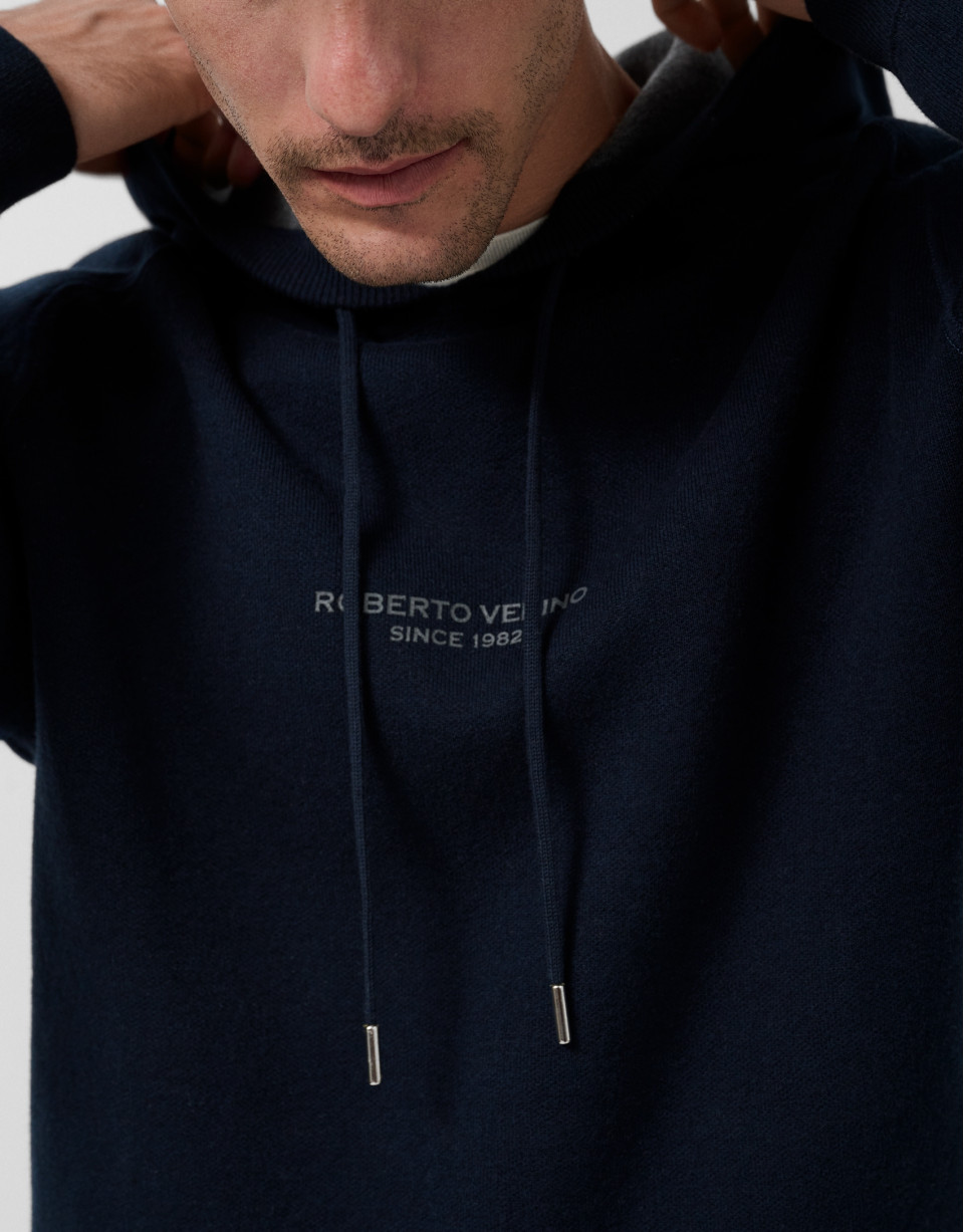 Navy wool/cotton hoodie - Man - AW2025 | Roberto Verino