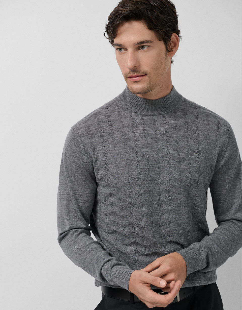 Grey melange wool sweater with fancy work - Man | Roberto Verino