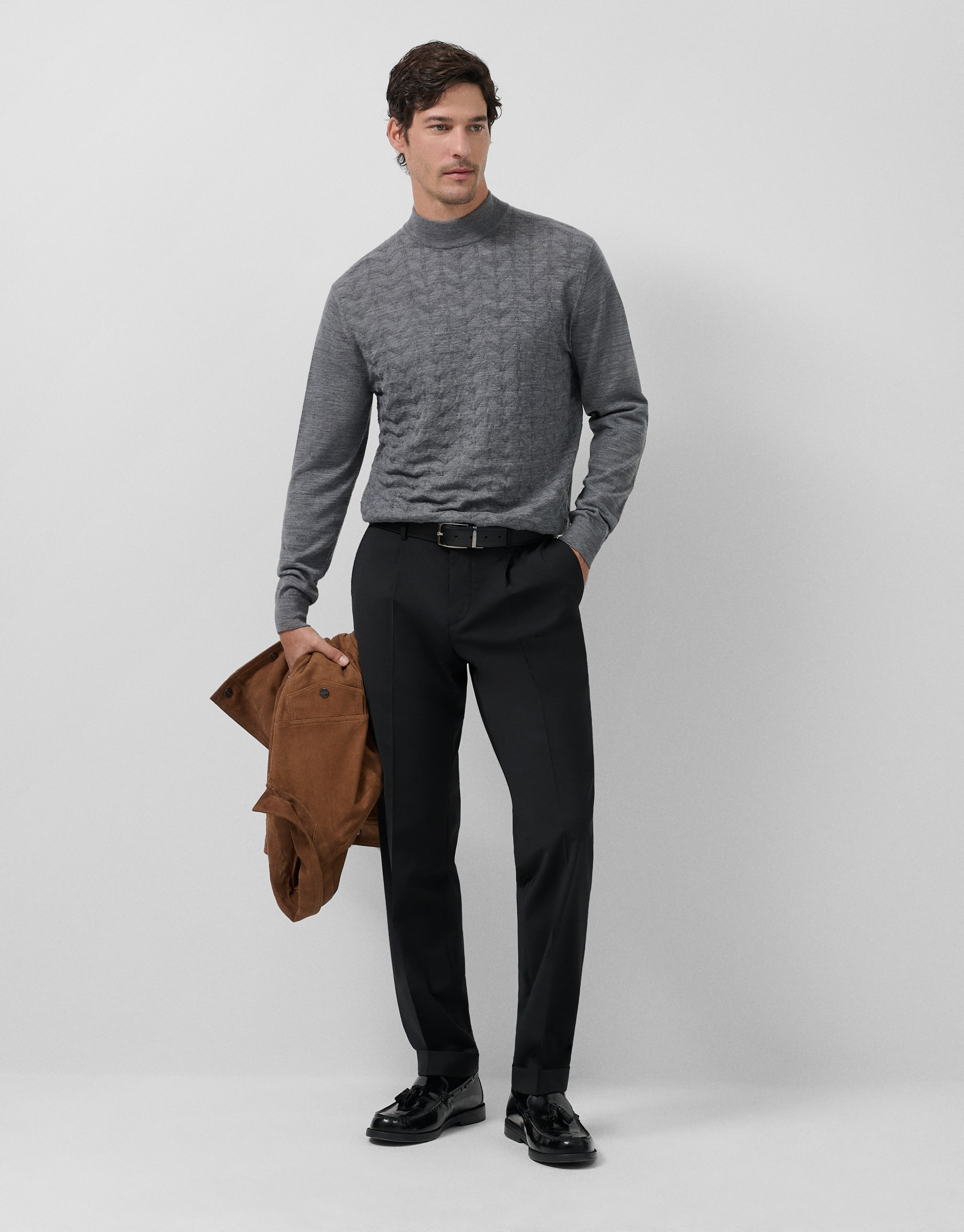 Grey melange wool sweater with fancy work - Man | Roberto Verino