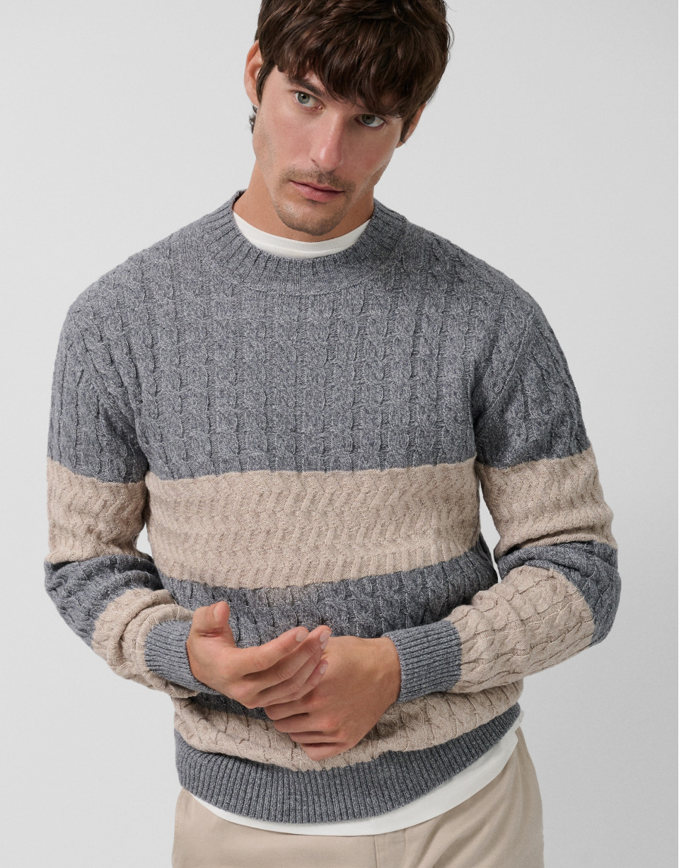 Striped and cable-knit sweater in grey ... | Roberto Verino
