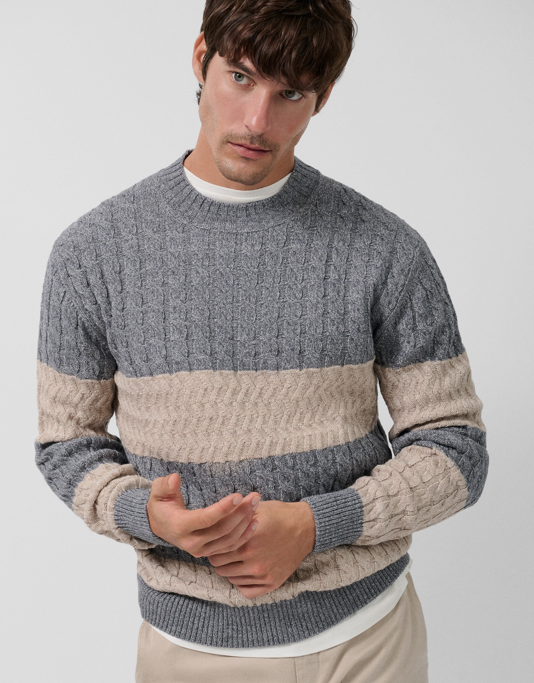 Striped and cable-knit sweater in grey ... | Roberto Verino