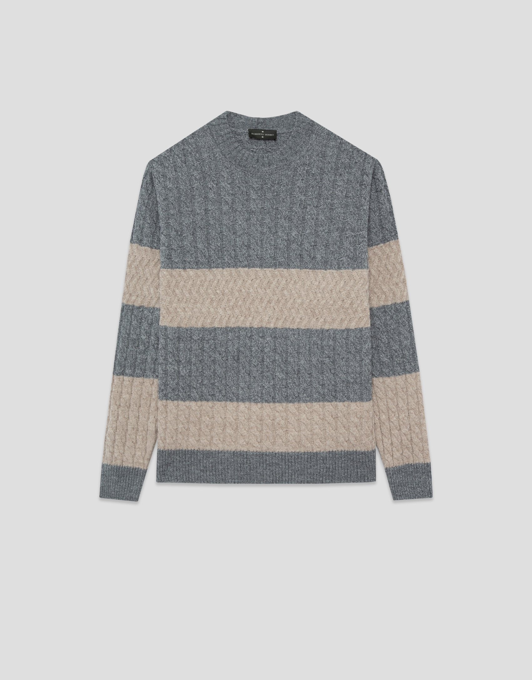 Striped and cable-knit sweater in grey ... | Roberto Verino