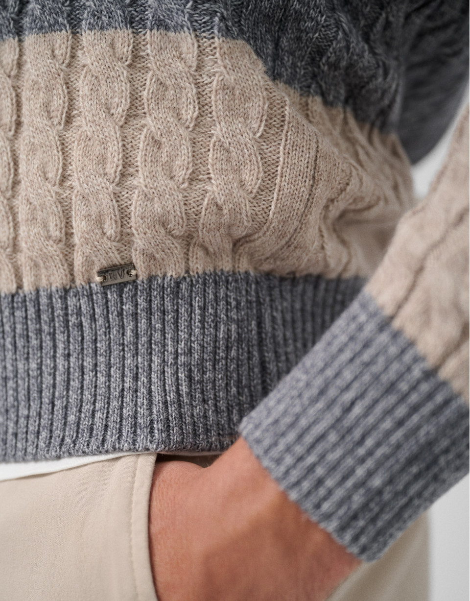 Striped and cable-knit sweater in grey ... | Roberto Verino