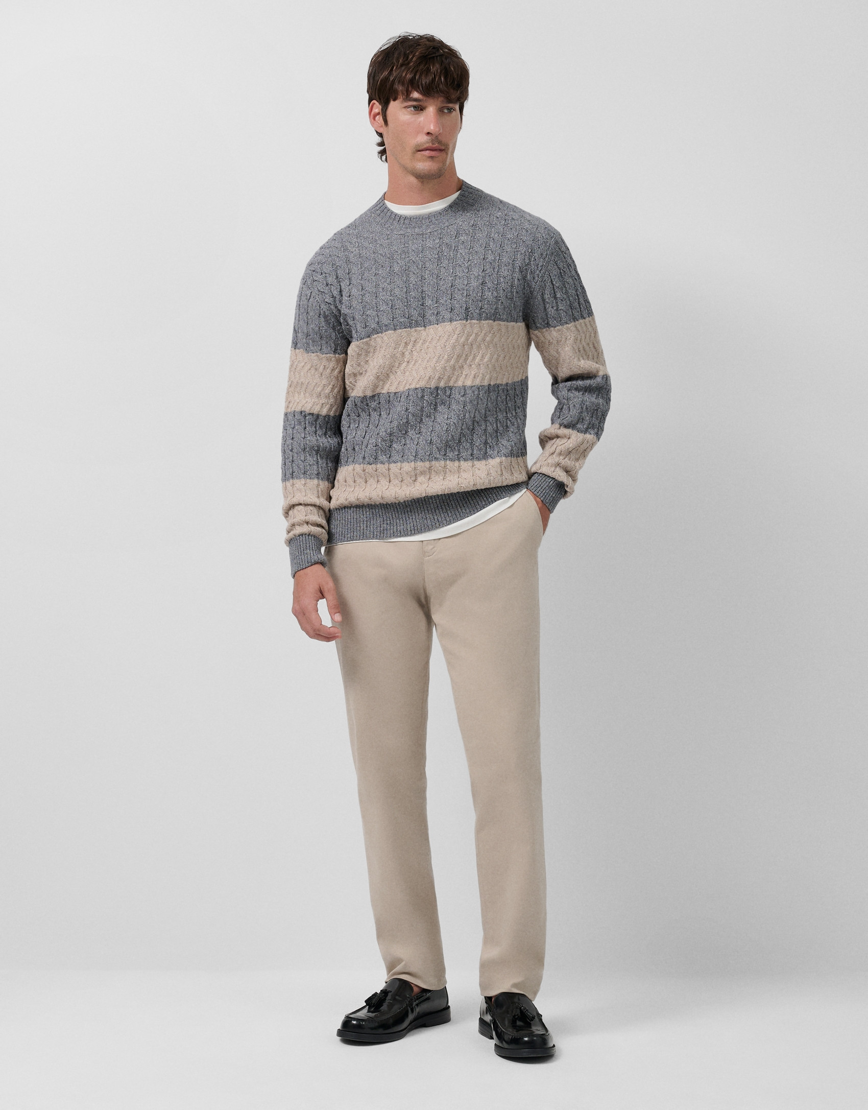 Jersey rayas y ochos lana gris melange y crudo | Roberto Verino