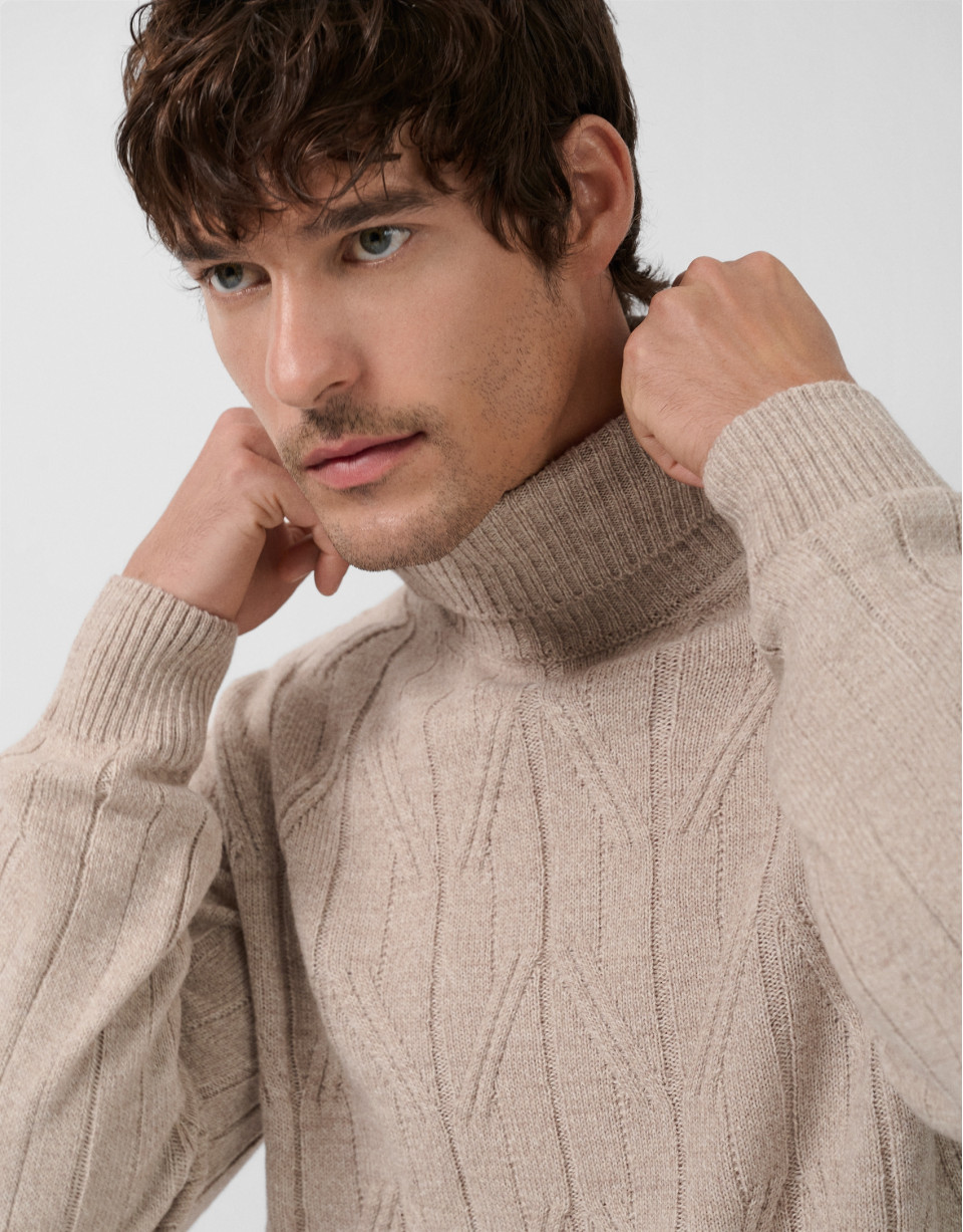 Sand-colored melange turtleneck sweater - Man | Roberto Verino