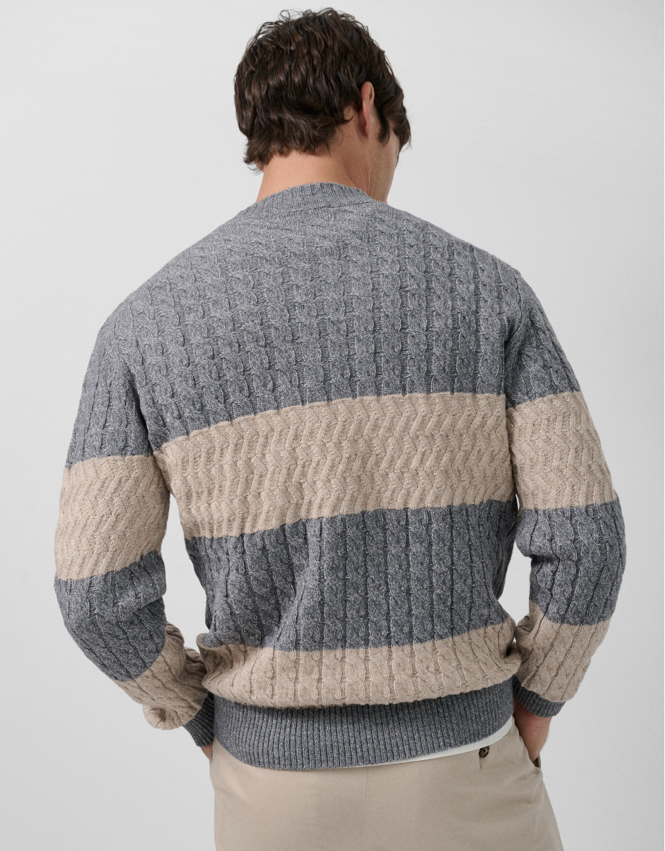Striped and cable-knit sweater in grey ... | Roberto Verino