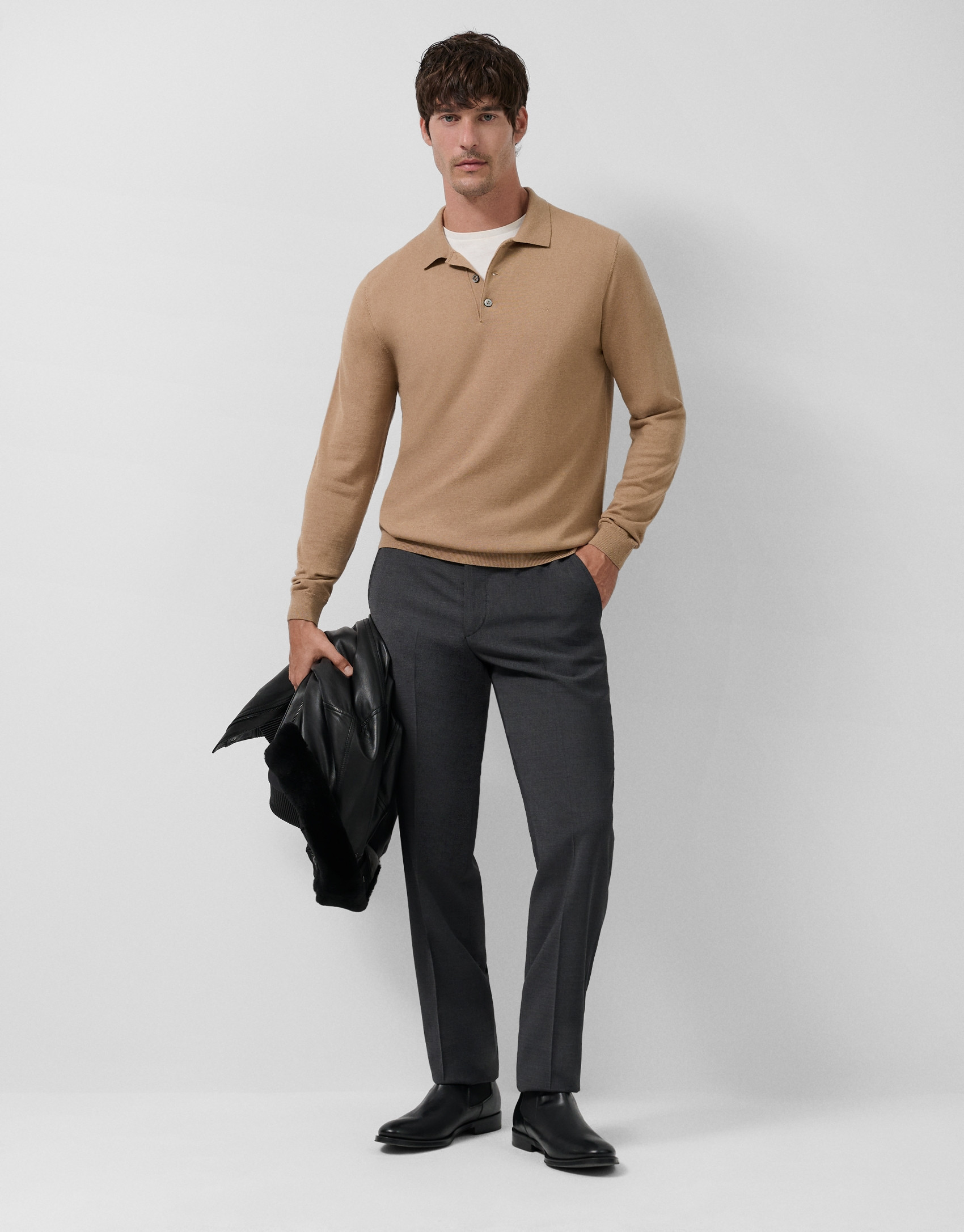 Jersey cuello tipo polo tricotado camel | Roberto Verino