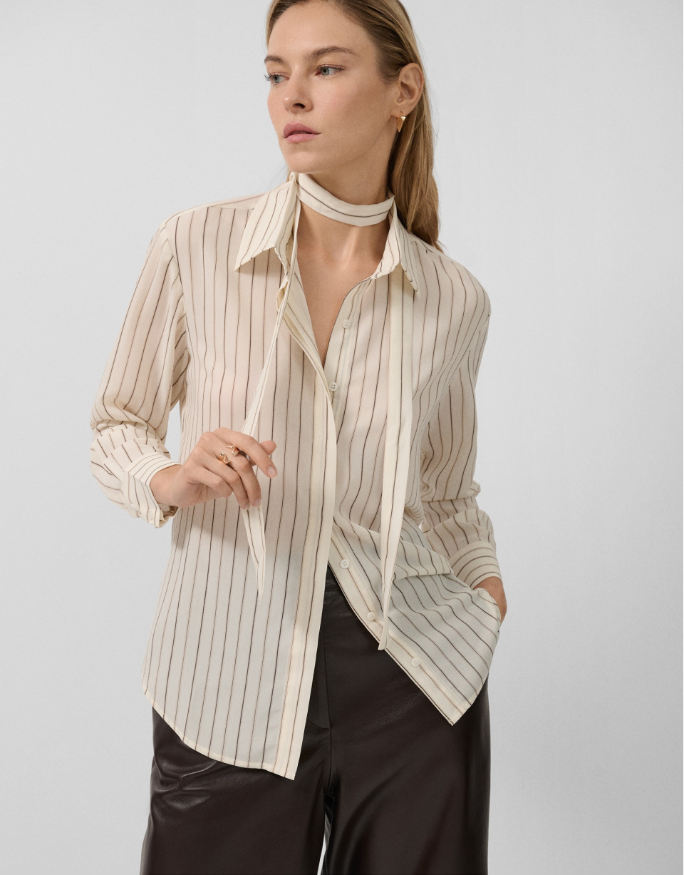 Camisa listas beige con lazada en cuello | Roberto Verino