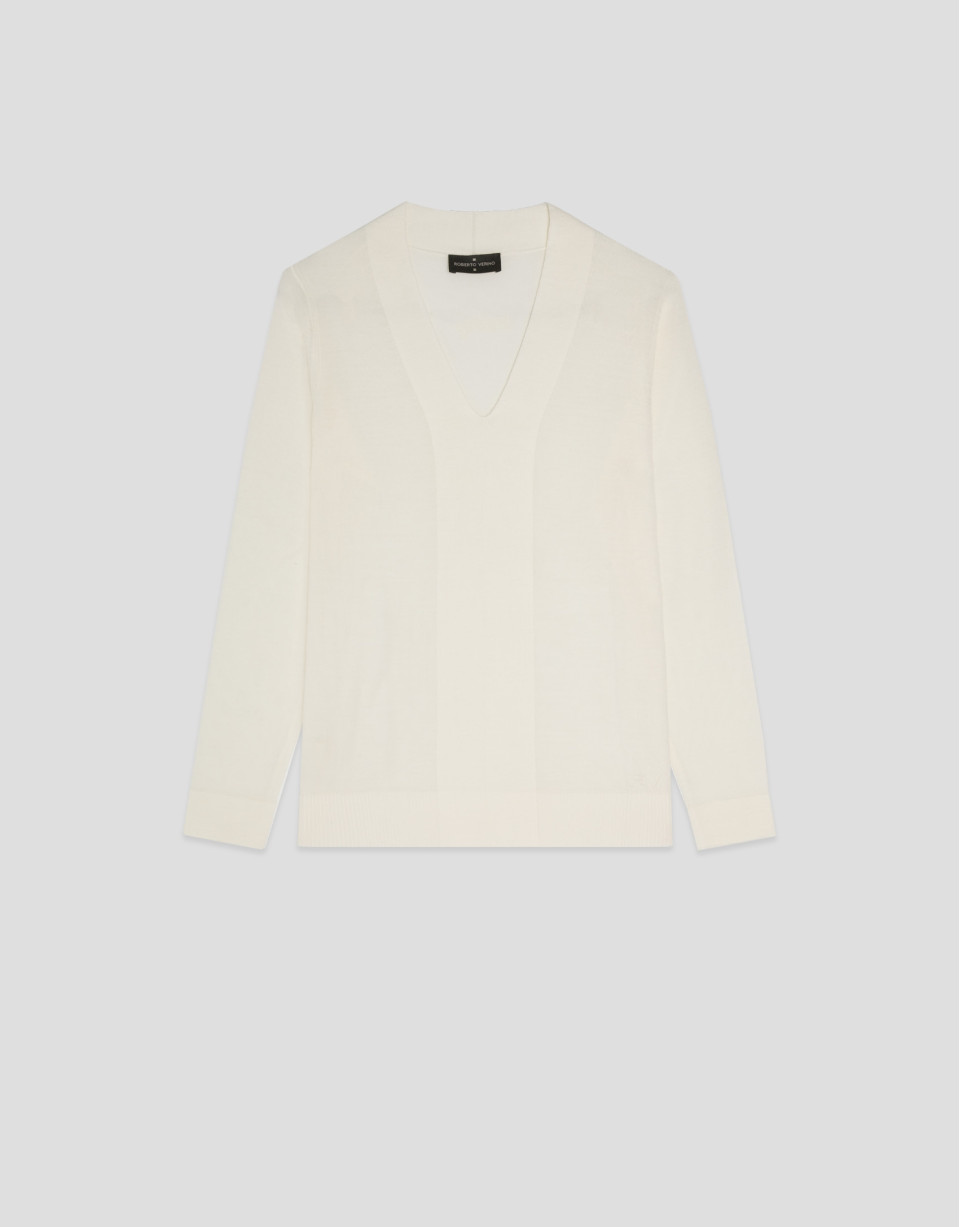 Ecru fine gauge wool V-neck sweater - Woman | Roberto Verino