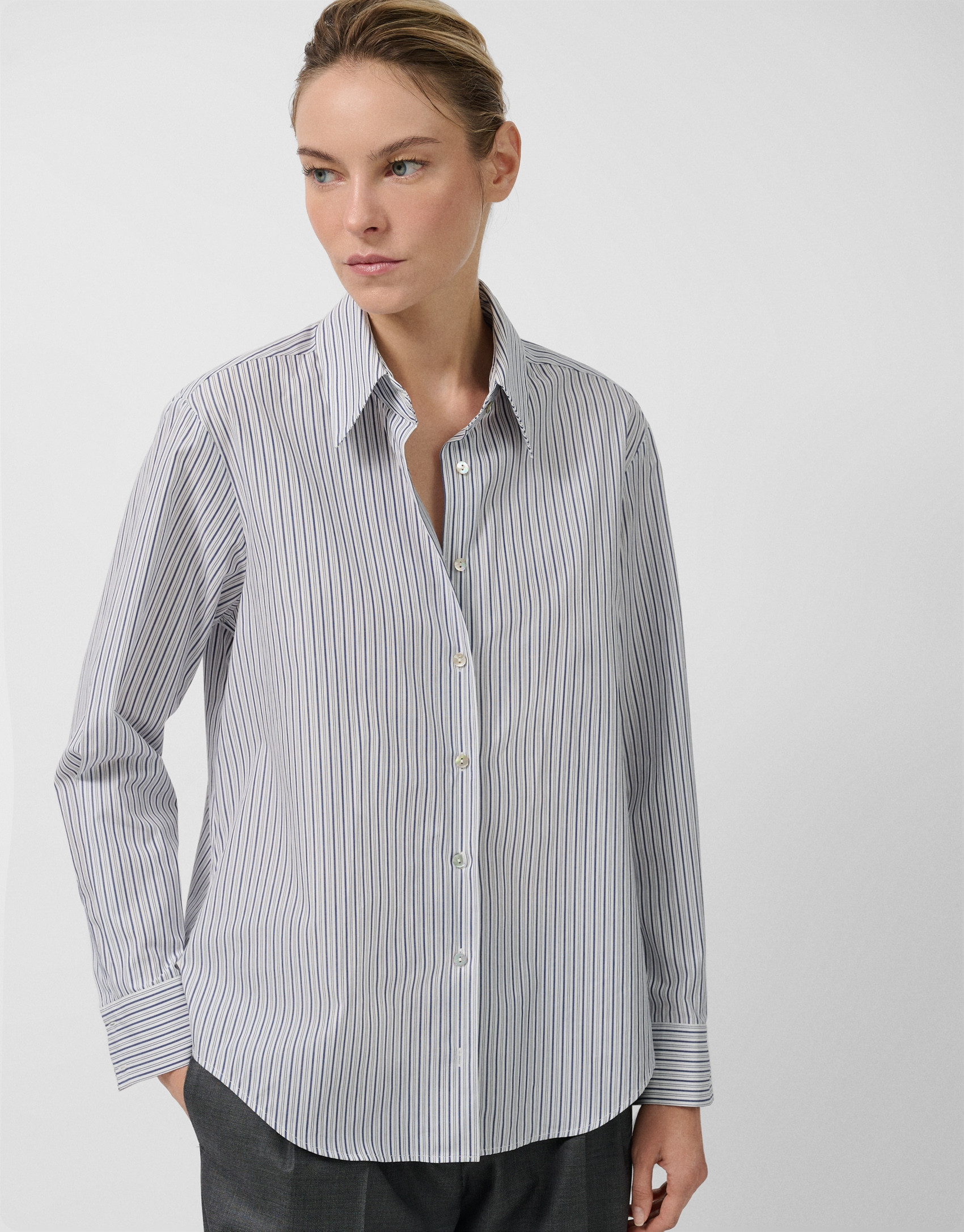 Navy blue striped men's shirt - Woman - AW2025 | Roberto Verino