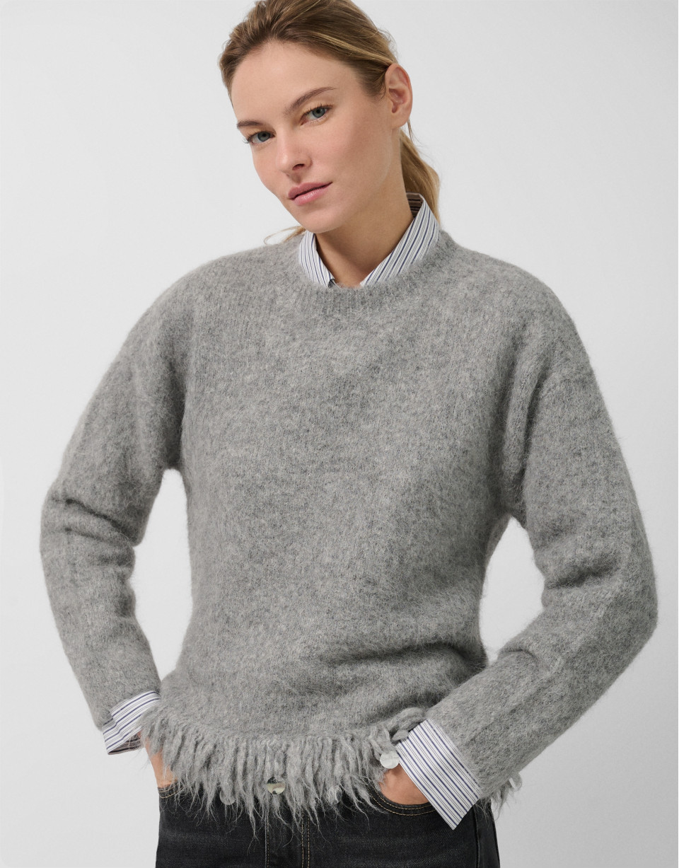 Grey oversized sweater with fringes - Woman | Roberto Verino