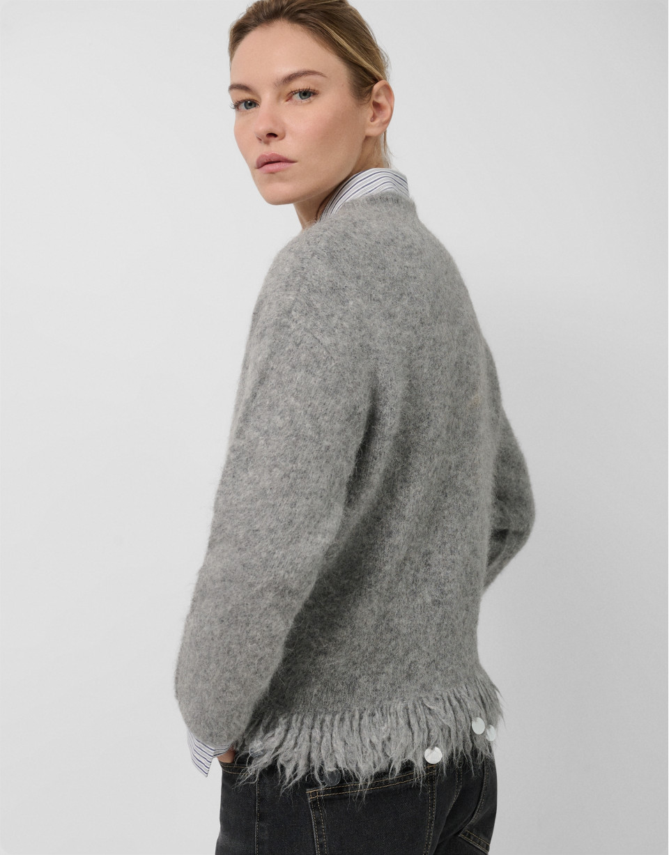 Grey oversized sweater with fringes - Woman | Roberto Verino