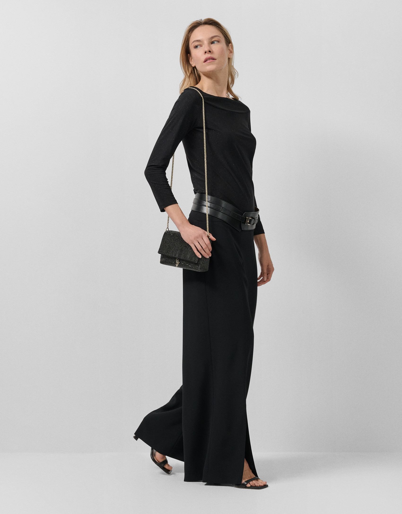 Black knit boat neck t-shirt with silver lurex | Roberto Verino