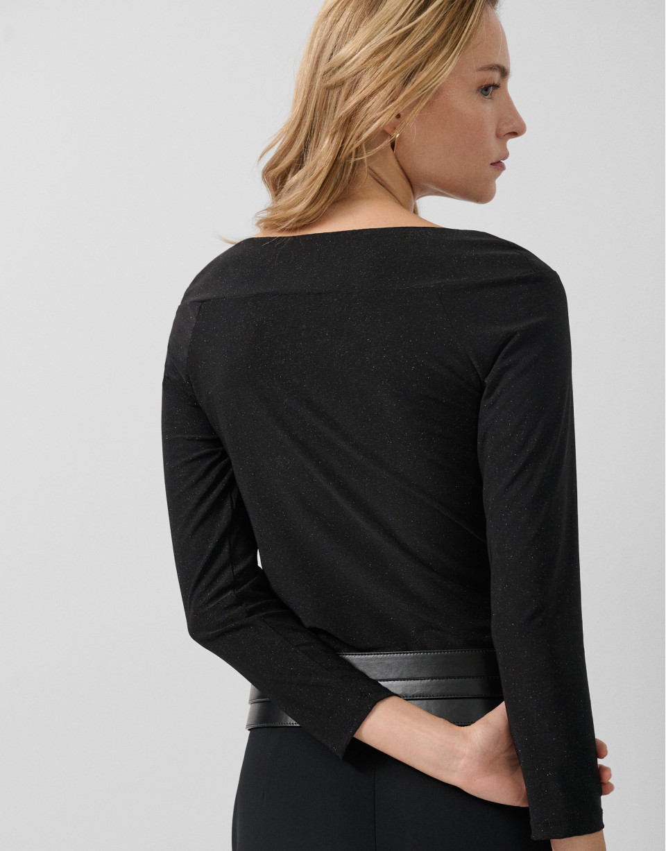 Black knit boat neck t-shirt with silver lurex | Roberto Verino