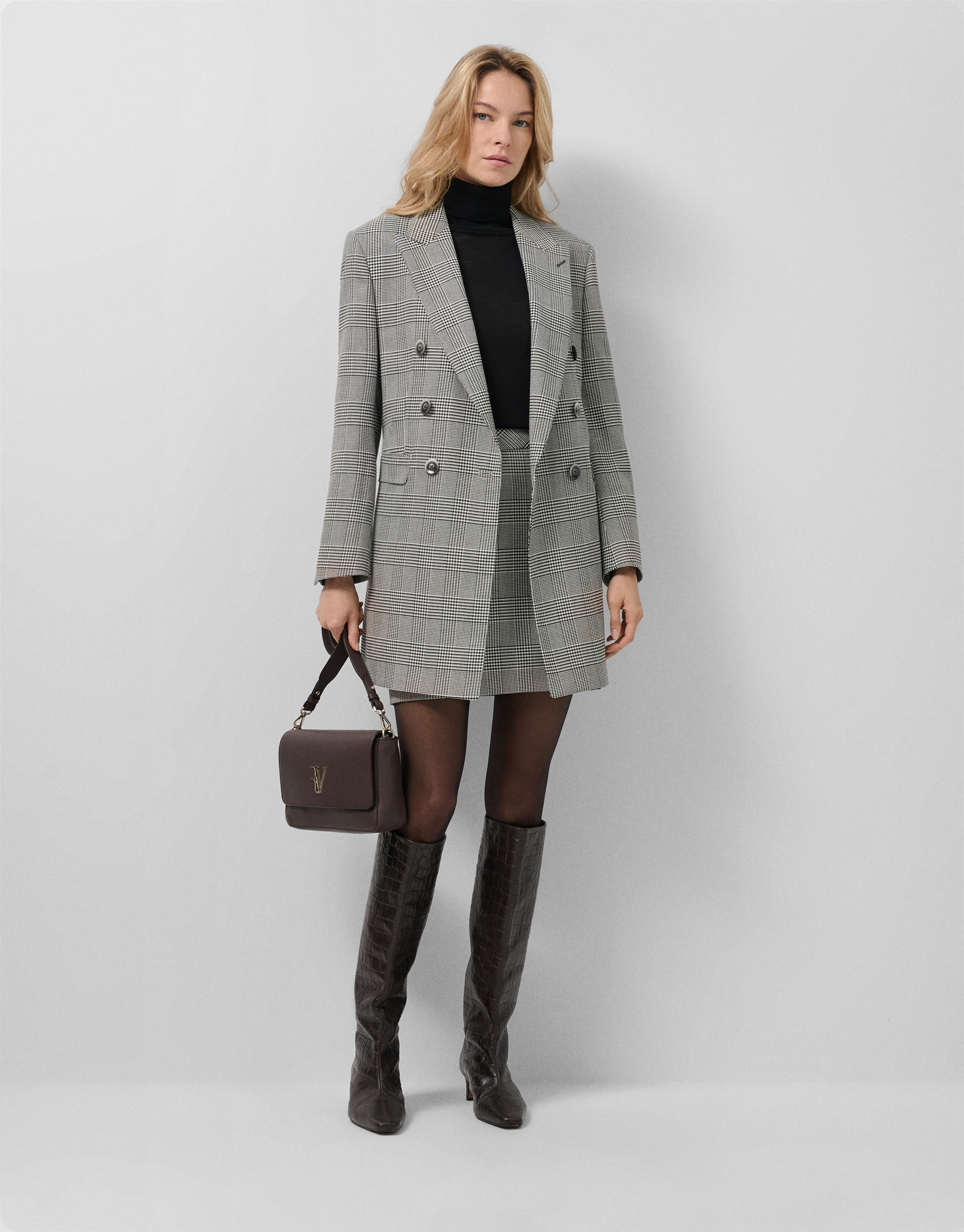 Black and white Welsh plaid double-breasted coat | Roberto Verino