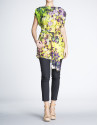 Loose, long floral print silk and linen blouse 