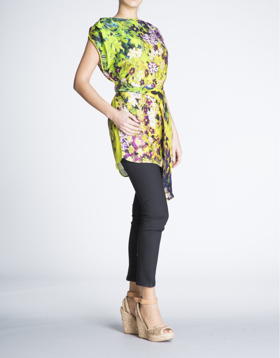 Loose, long floral print silk and linen blouse 