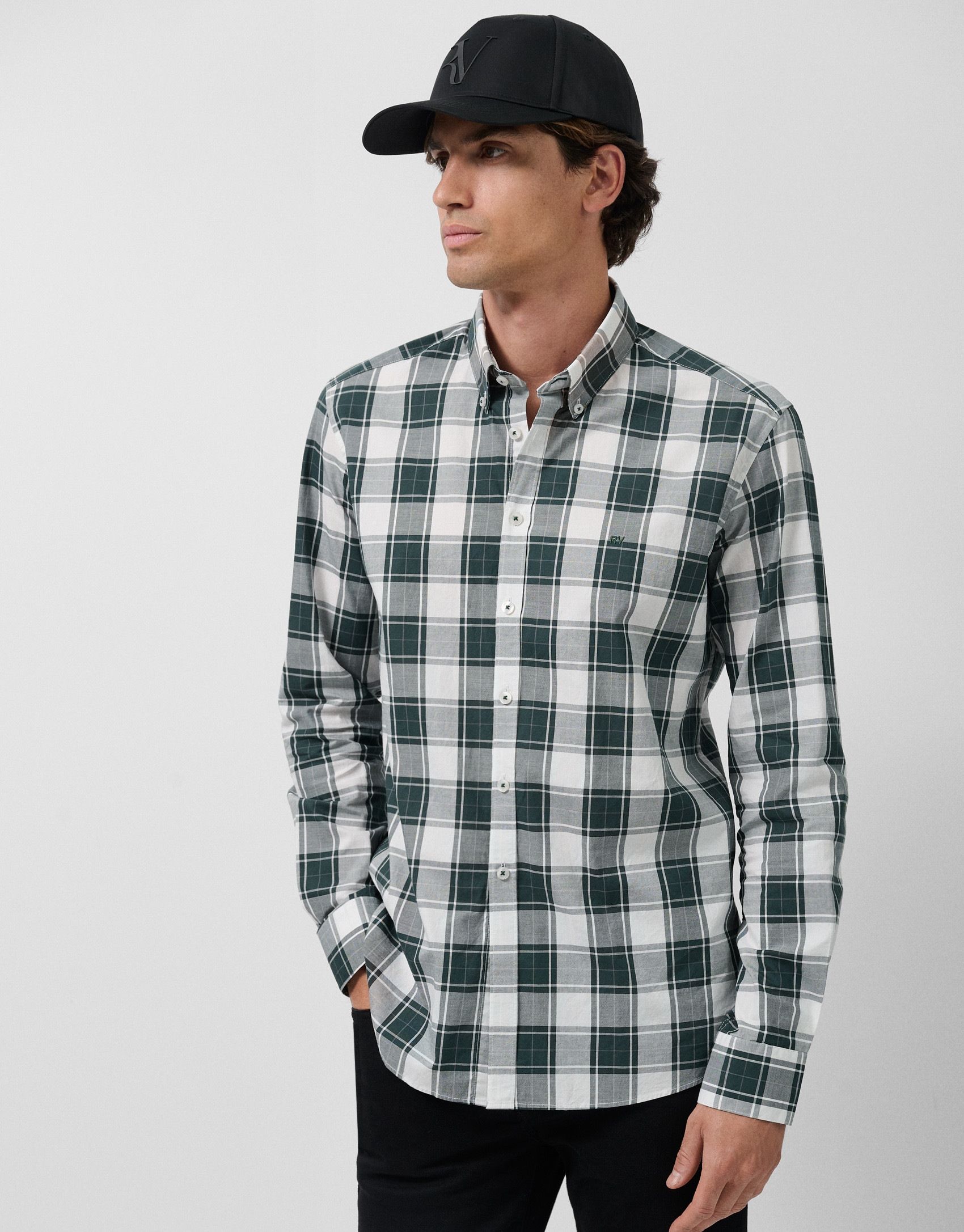 Slim fit green checked sport shirt with ... | Roberto Verino