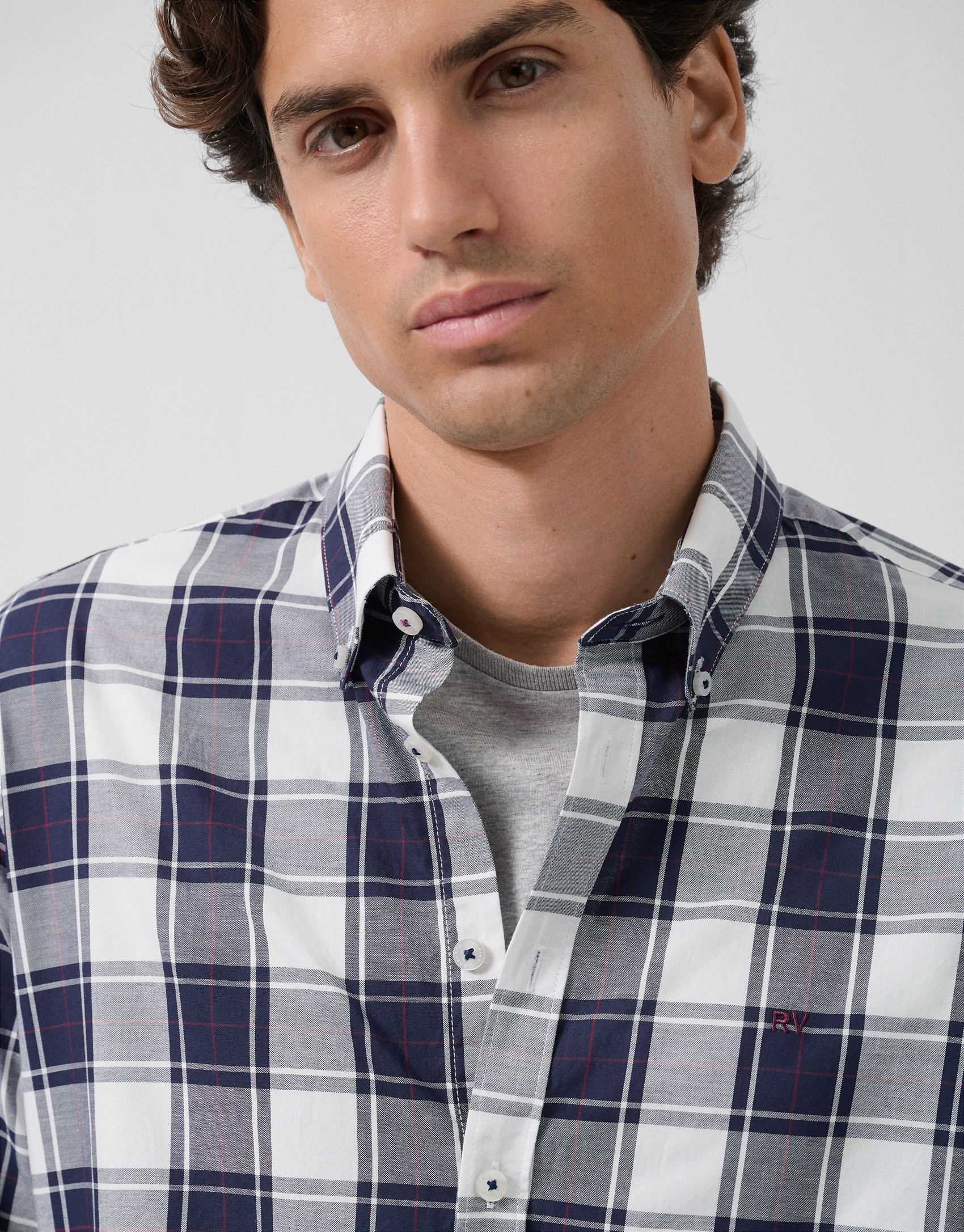 Slim fit white checked sport shirt with ... | Roberto Verino