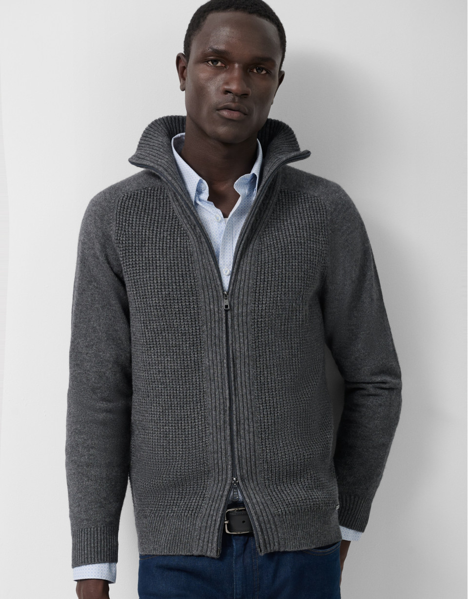 Grey melange ribbed zip-up jacket - Man | Roberto Verino